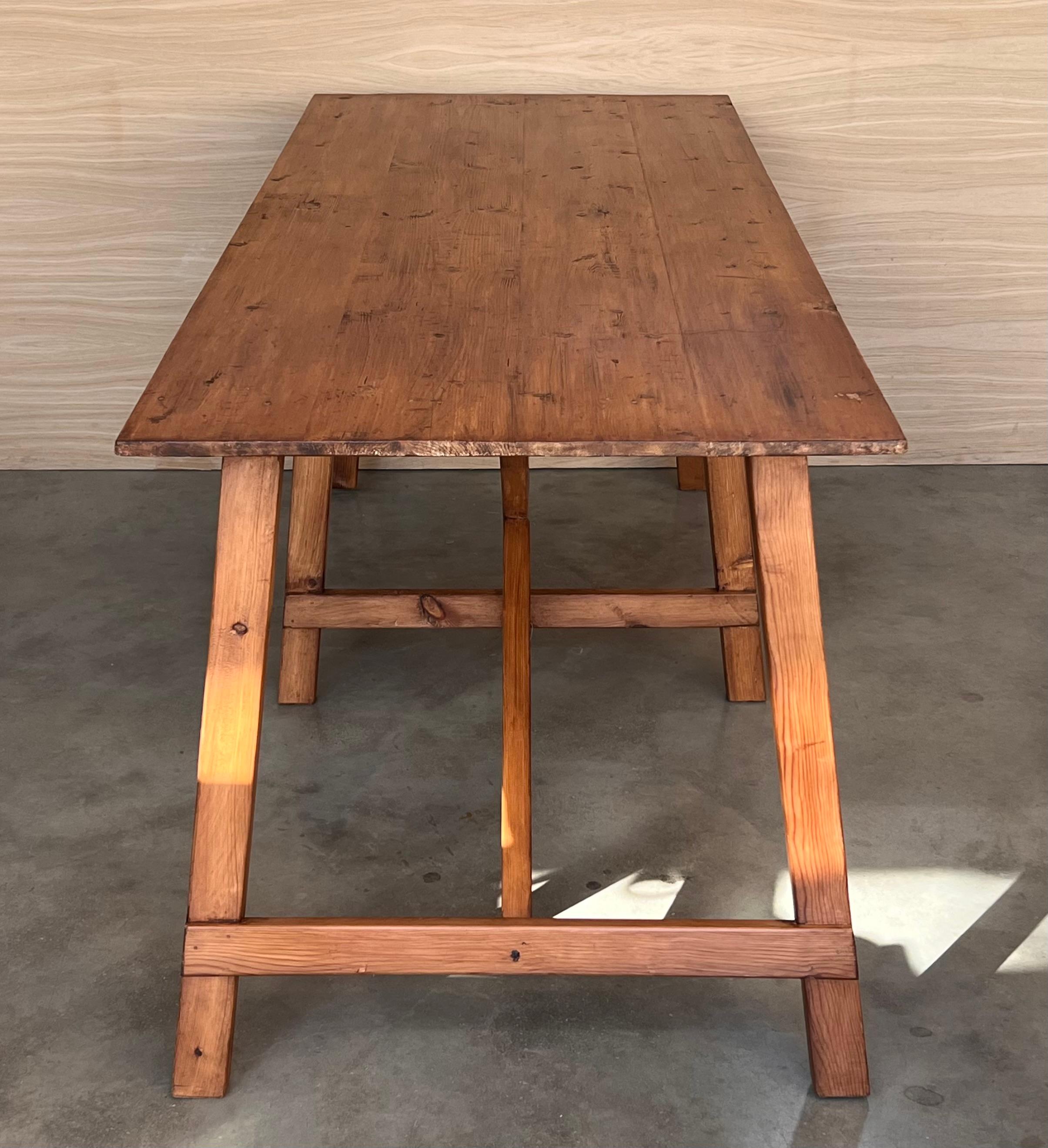 Set of Two Spanish Rustic Pine Dining Tables with Stretcher For Sale 2