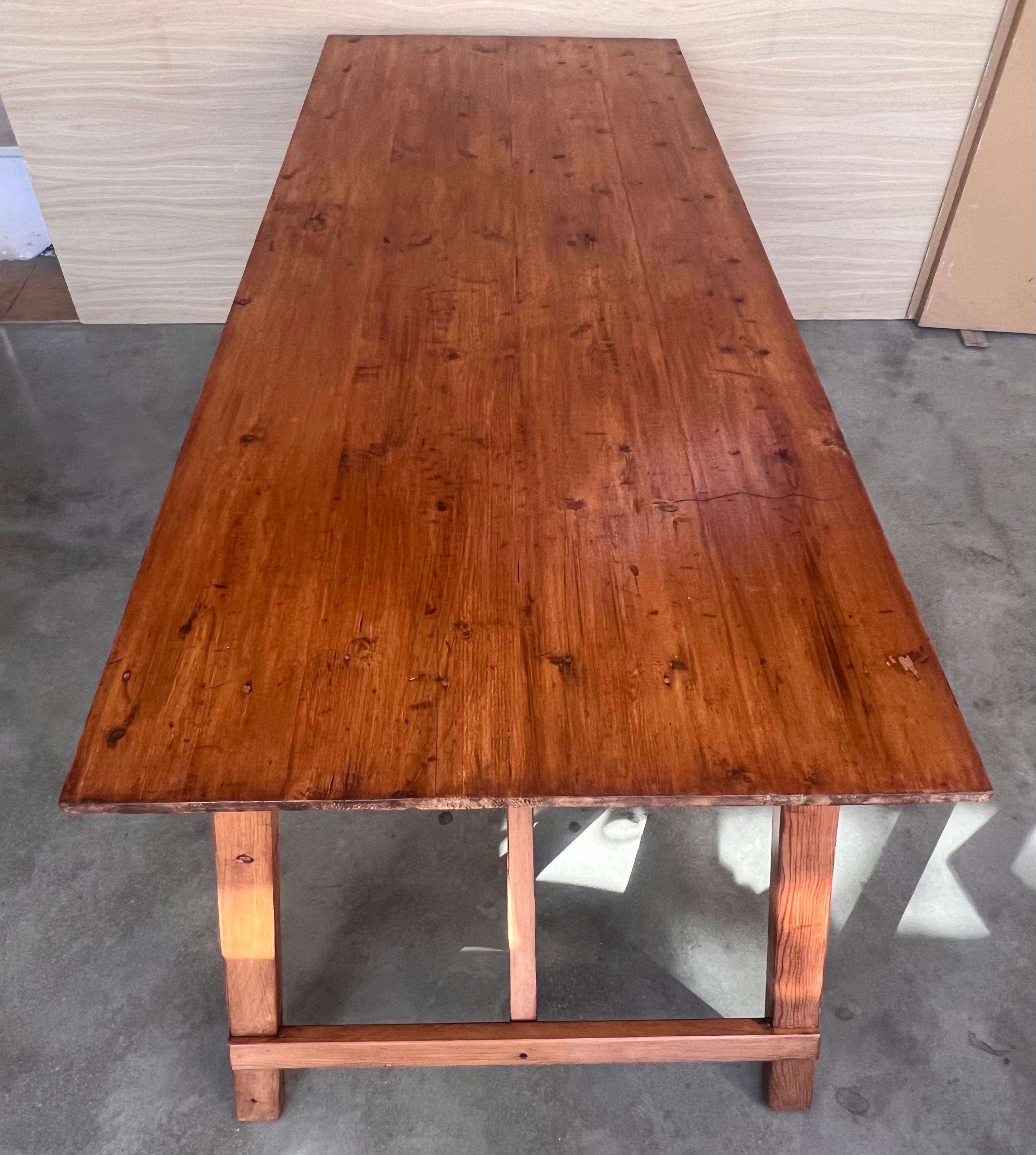 Set of Two Spanish Rustic Pine Dining Tables with Stretcher For Sale 3