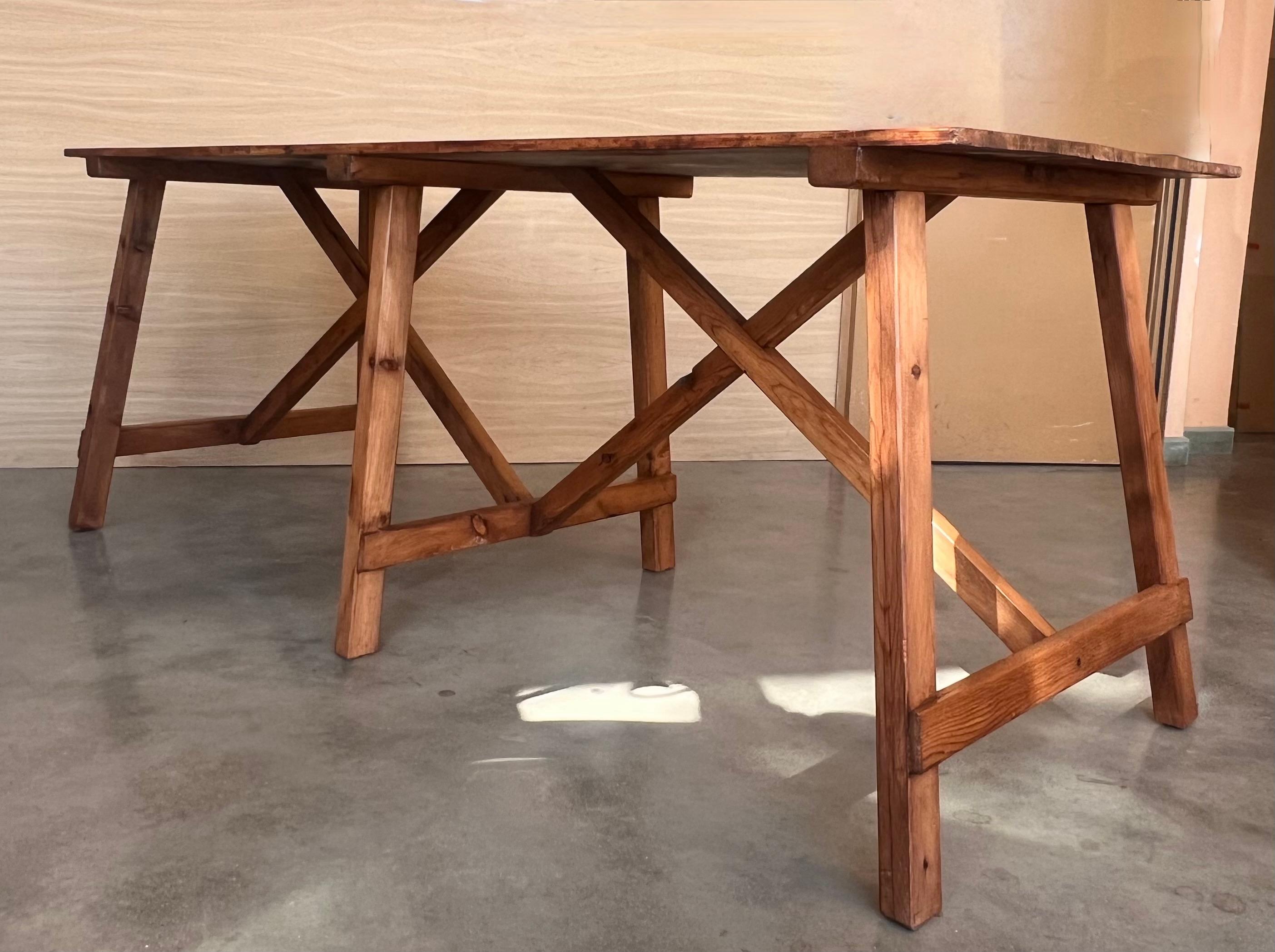 Set of Two Spanish Rustic Pine Dining Tables with Stretcher For Sale 4