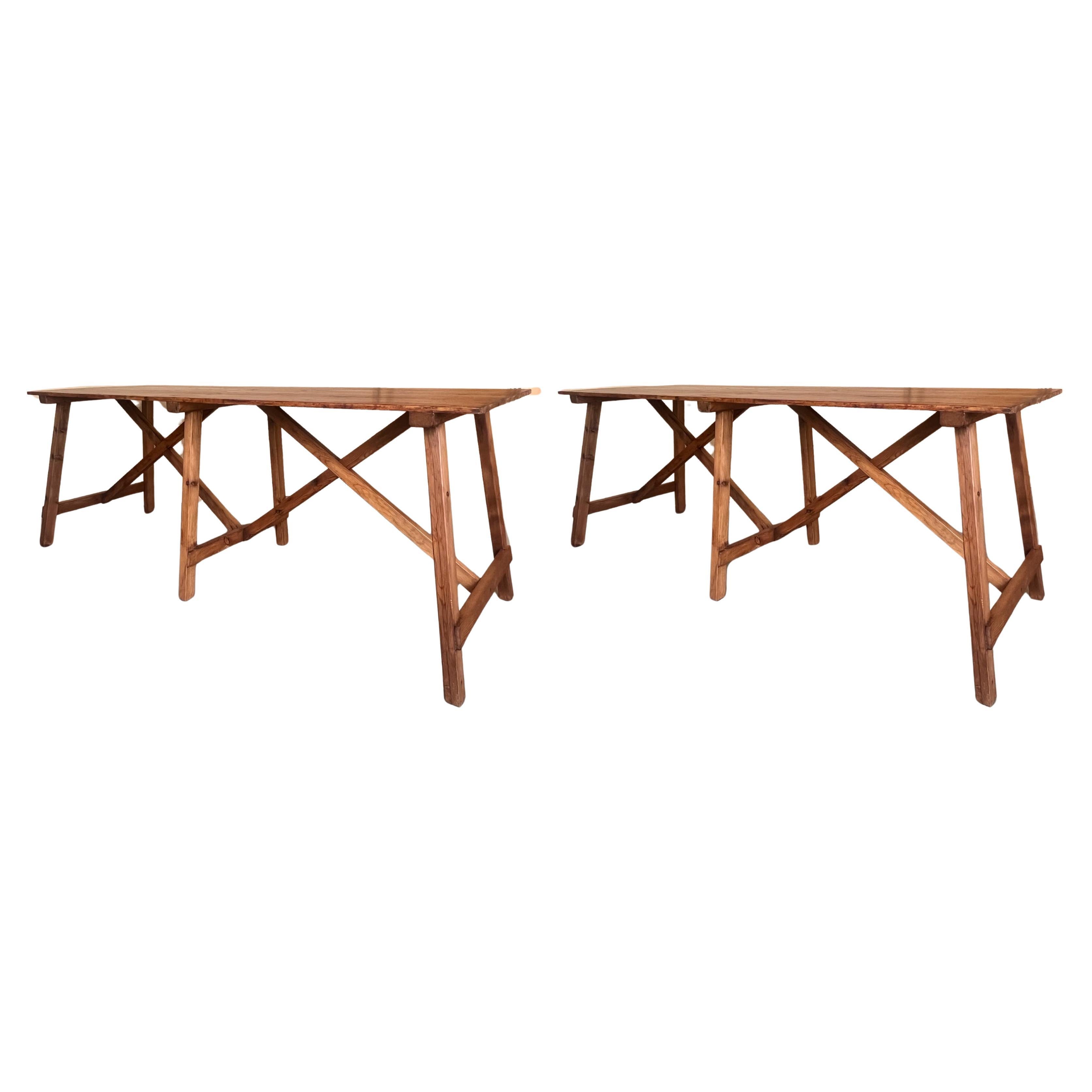 Set of Two Spanish Rustic Pine Dining Tables with Stretcher For Sale