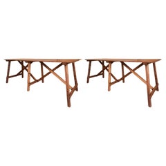 Antique Set of Two Spanish Rustic Pine Dining Tables with Stretcher
