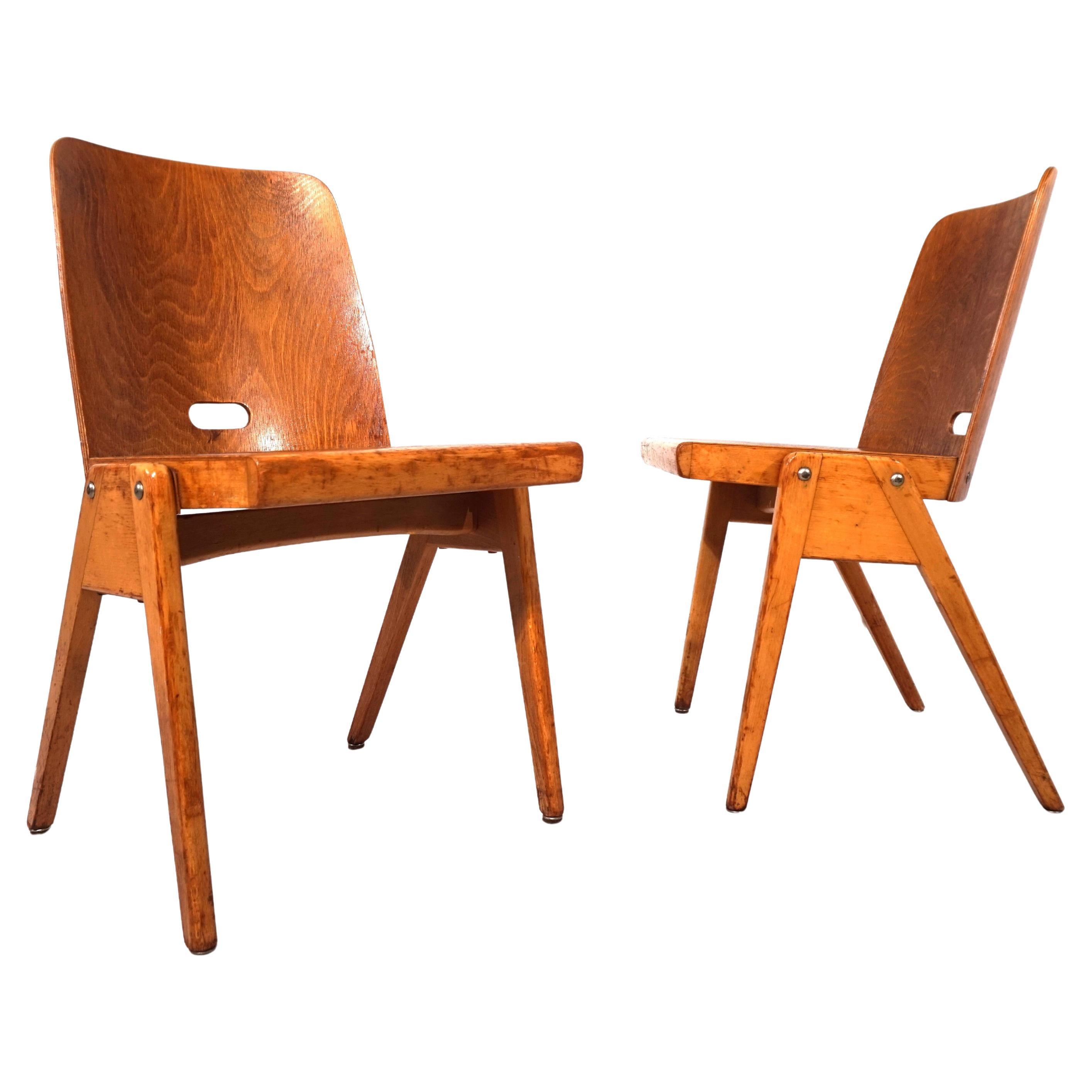 Set of two stackable plywood dining chairs, 1960
