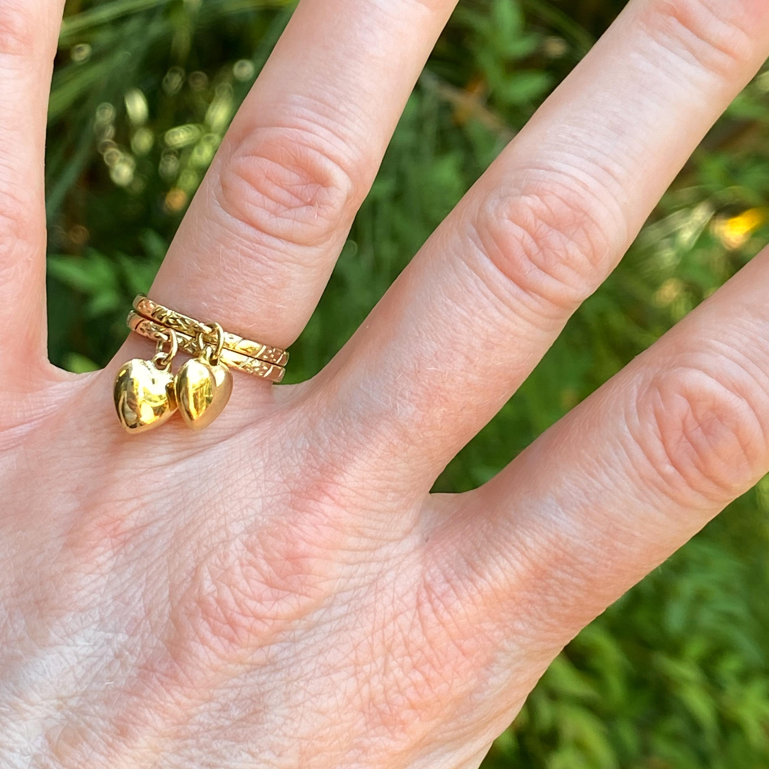 Contemporary Set of Two Stacking Heart Charm Rings in Yellow Gold