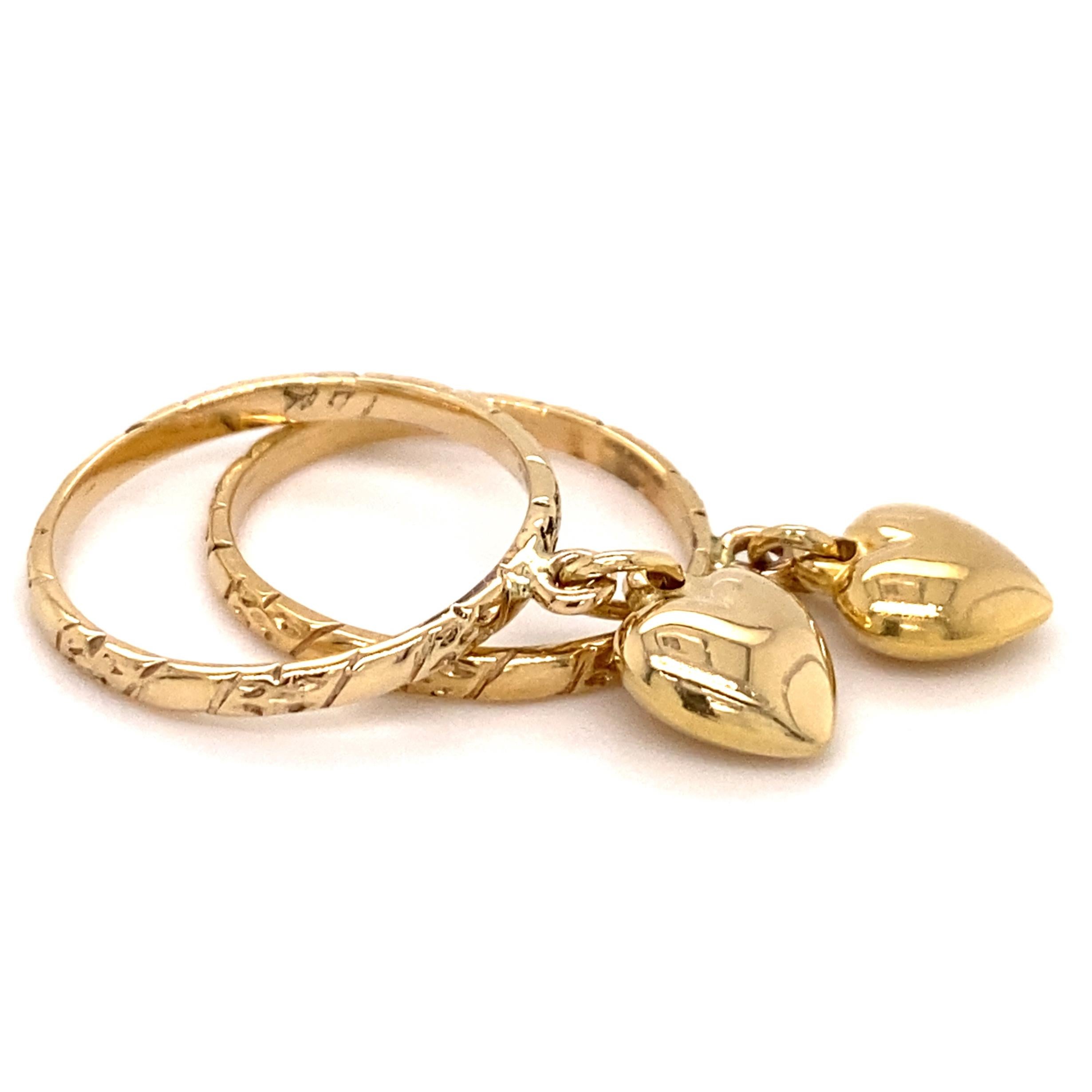 Set of Two Stacking Heart Charm Rings in Yellow Gold 3