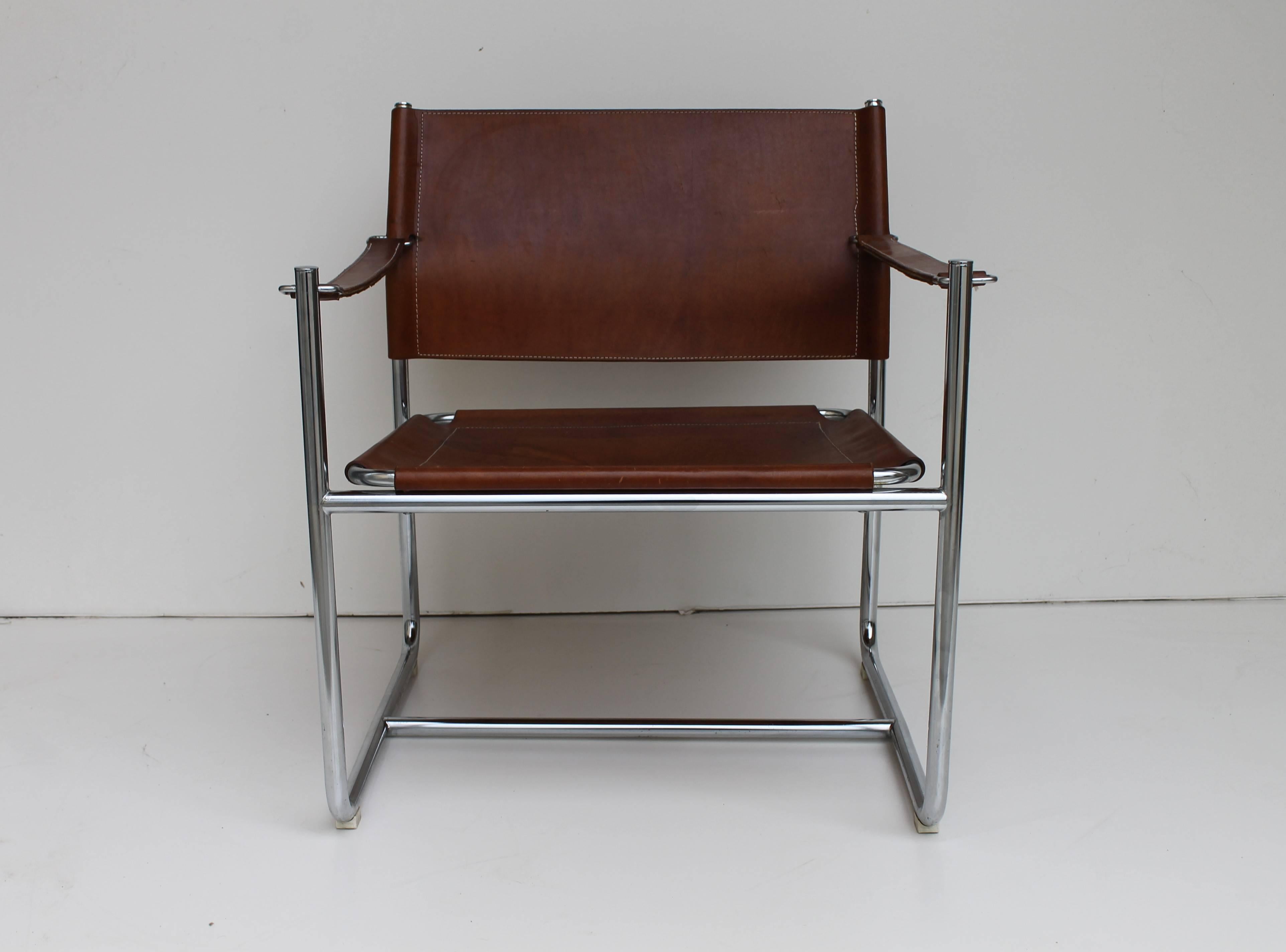 Mid-Century Modern Set of Two Steel and Brown Leather Easy Chair 