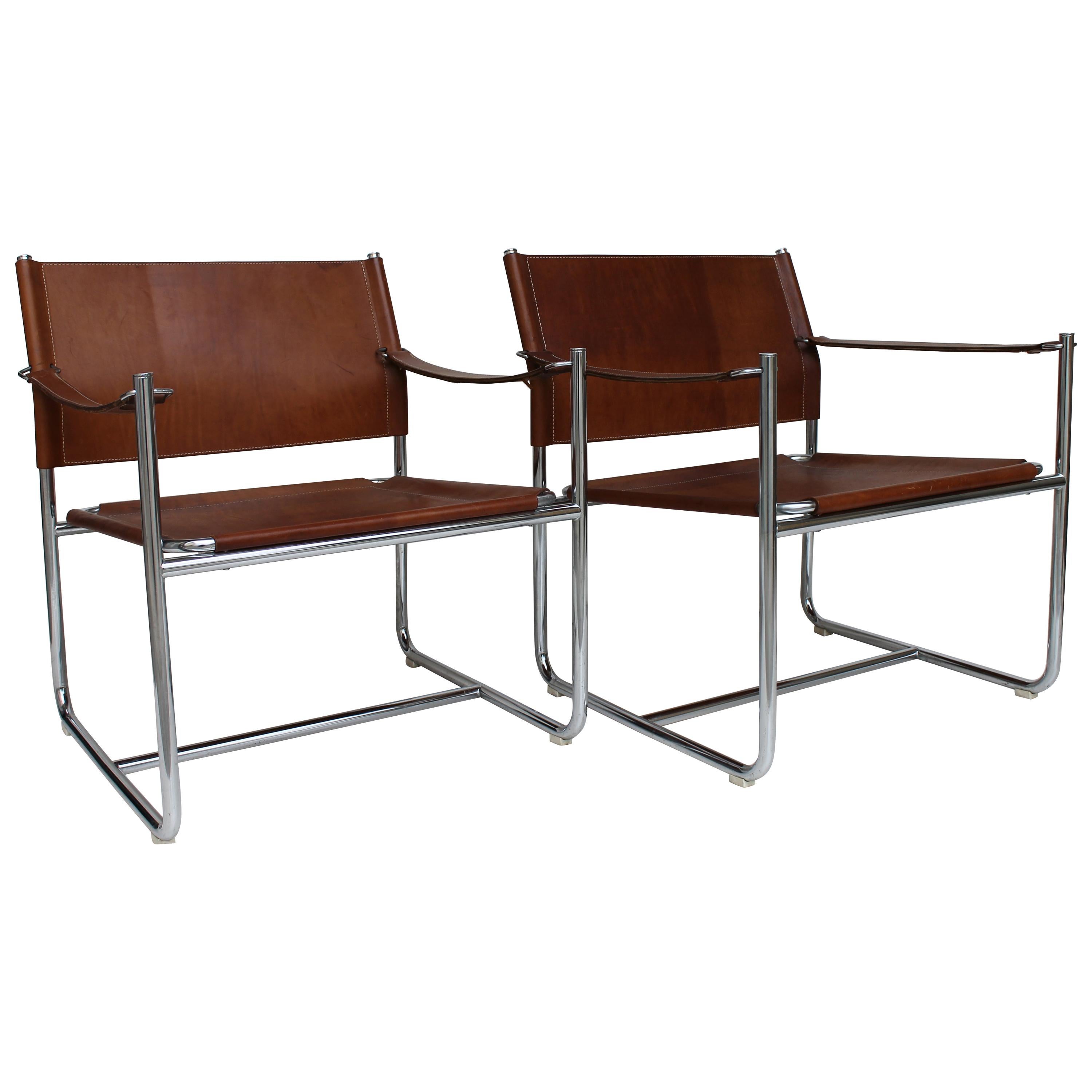 Set of Two Steel and Brown Leather Easy Chair "Amiral" by K Mobring, Sweden 1967