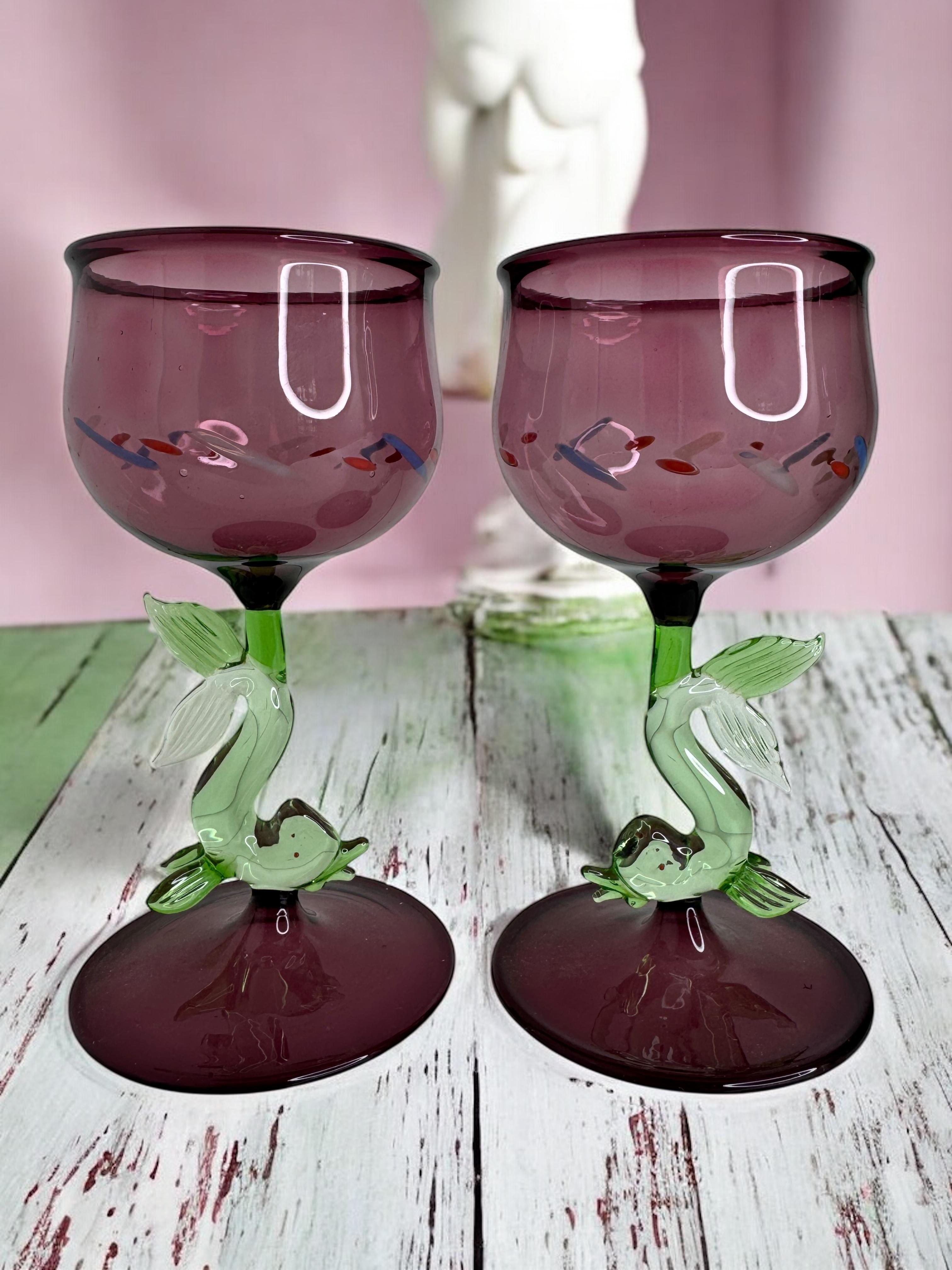 Lot de deux verres à pied, verre à vin, pied en forme de poisson dauphin, Bimini Art Vintage Autriche en vente 2