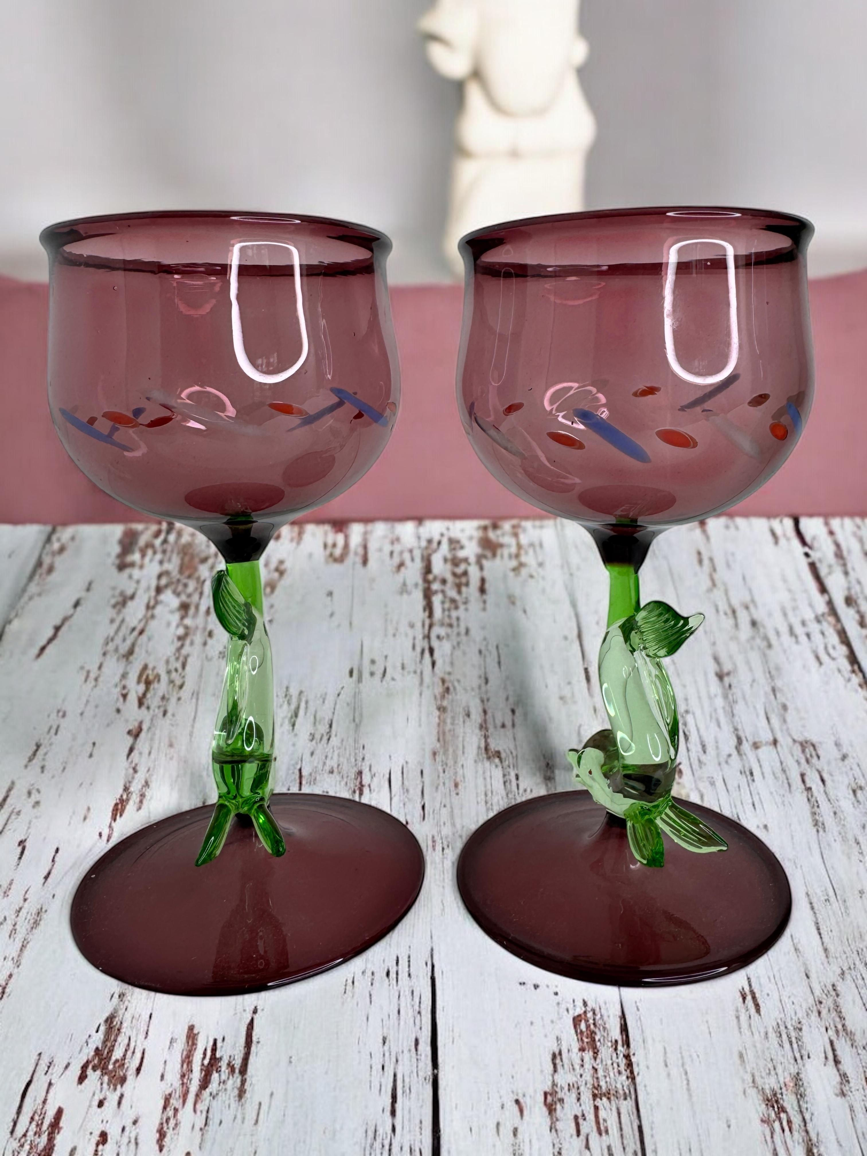 Lot de deux verres à pied, verre à vin, pied en forme de poisson dauphin, Bimini Art Vintage Autriche en vente 3