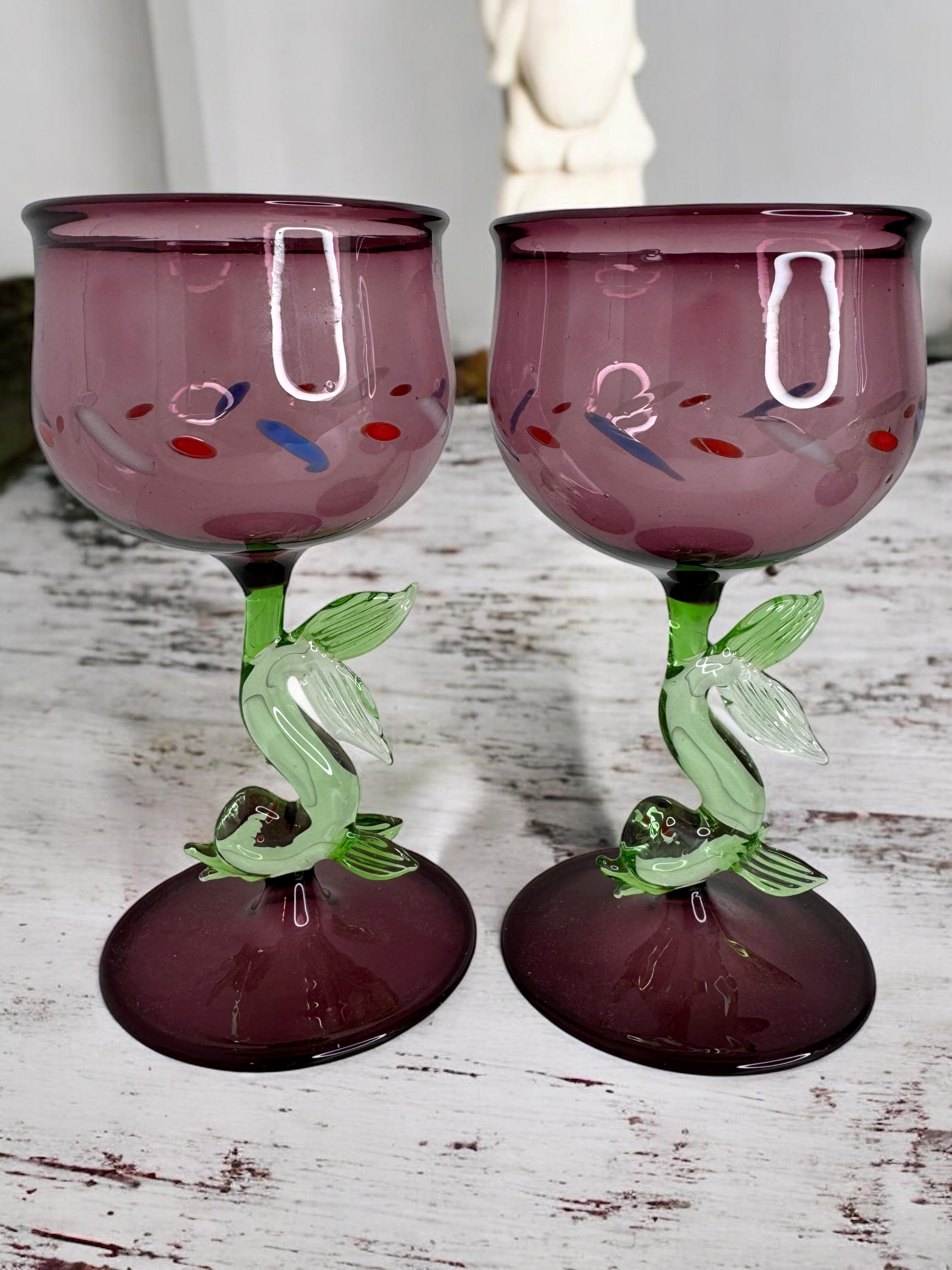 Set of two Stemware Wine Glass, Dolphin Fish Stem, Bimini Art Vintage Austria For Sale 4