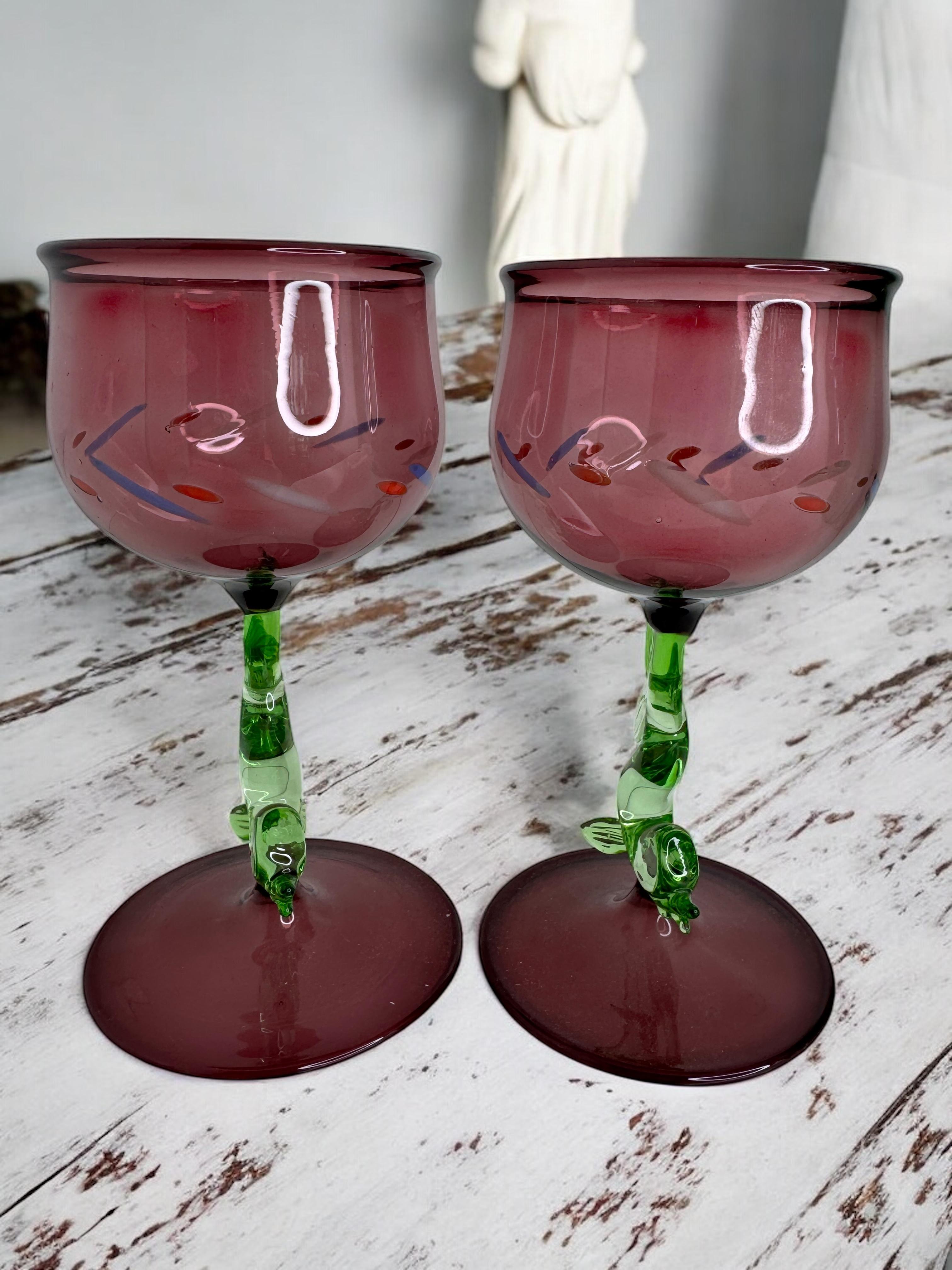 Lot de deux verres à pied, verre à vin, pied en forme de poisson dauphin, Bimini Art Vintage Autriche en vente 4