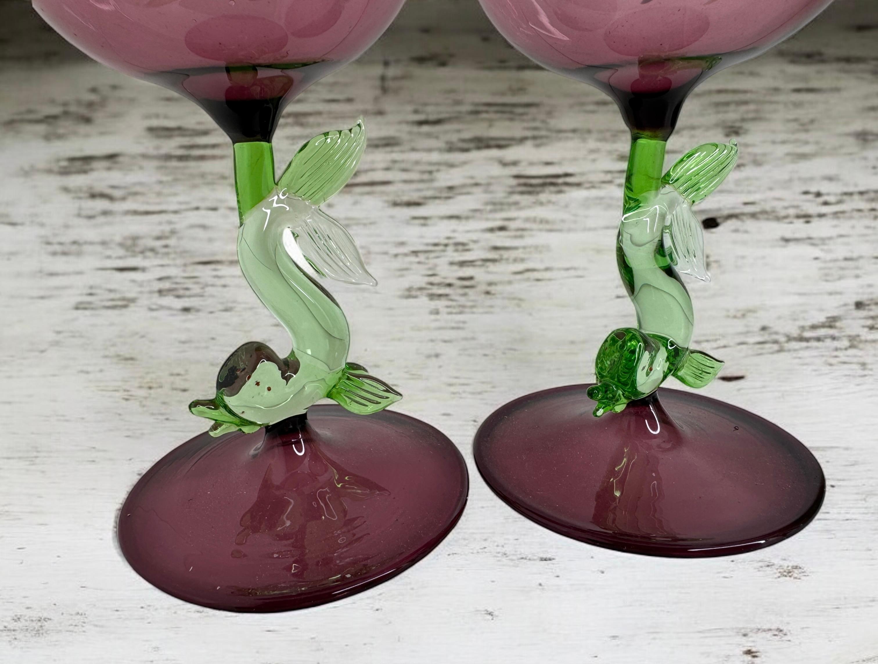 Lot de deux verres à pied, verre à vin, pied en forme de poisson dauphin, Bimini Art Vintage Autriche en vente 7