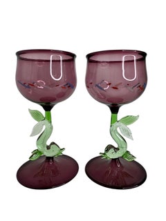 Set of two Stemware Wine Glass, Dolphin Fish Stem, Bimini Art Vintage Austria