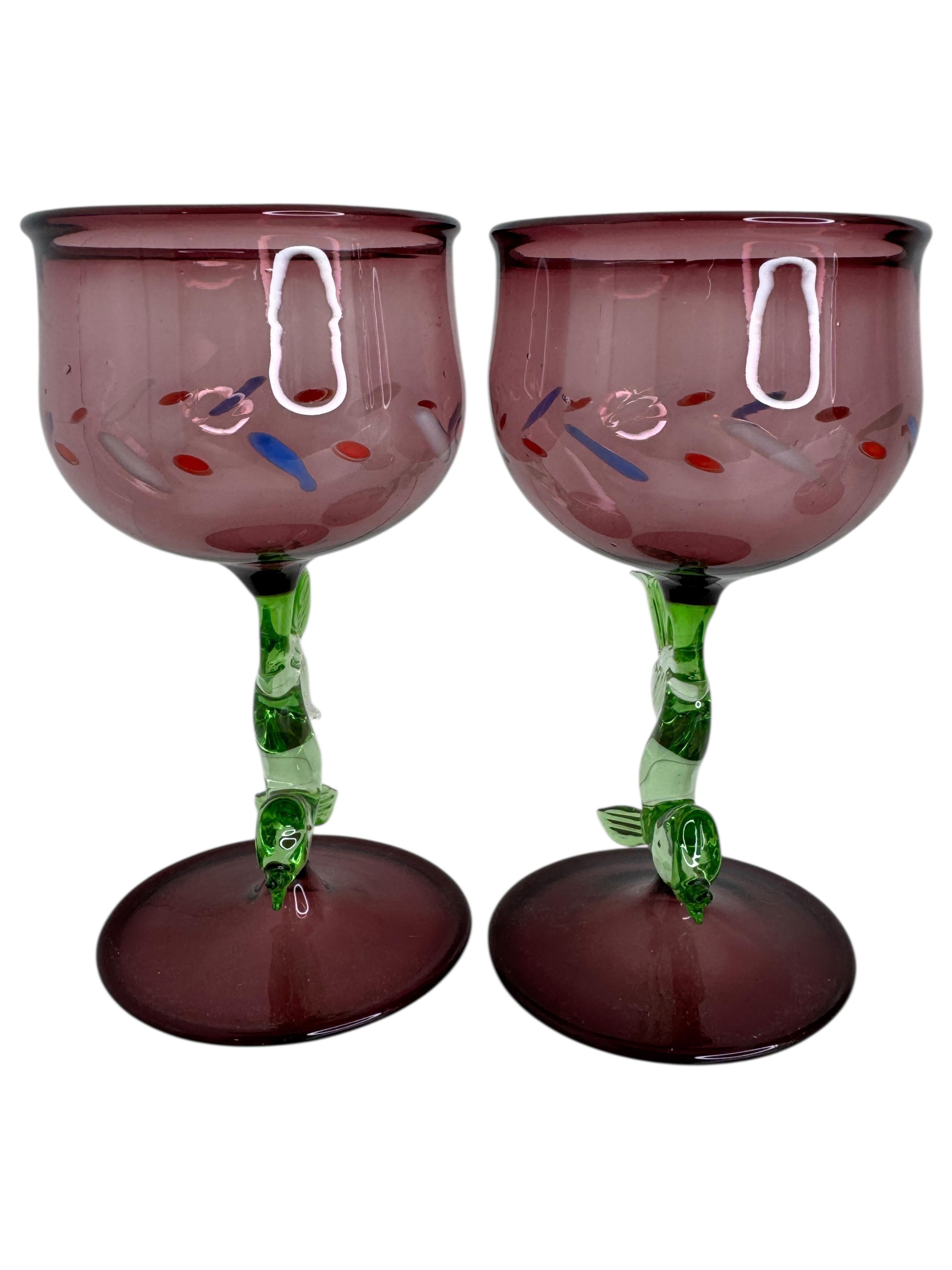 Art Deco Set of two Stemware Wine Glass, Dolphin Fish Stem, Bimini Art Vintage Austria For Sale
