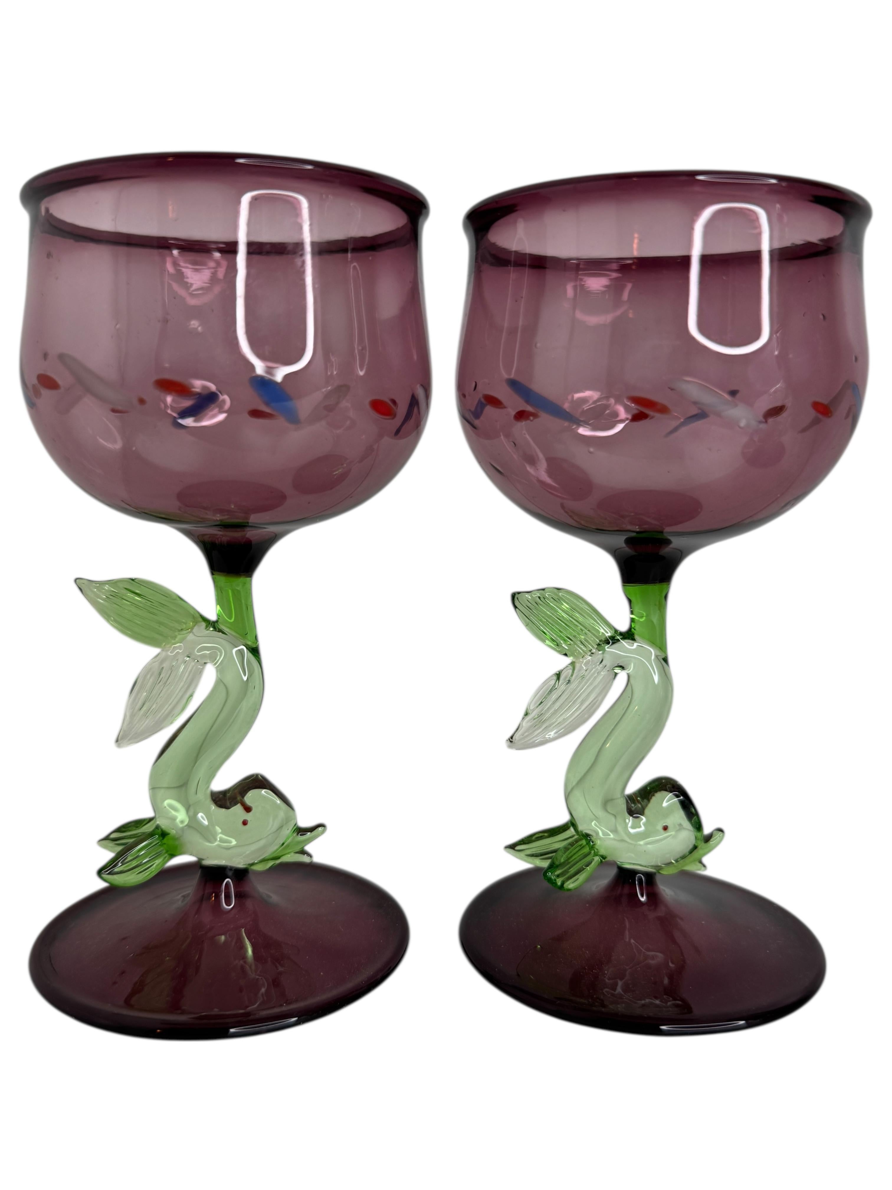 German Set of two Stemware Wine Glass, Dolphin Fish Stem, Bimini Art Vintage Austria For Sale