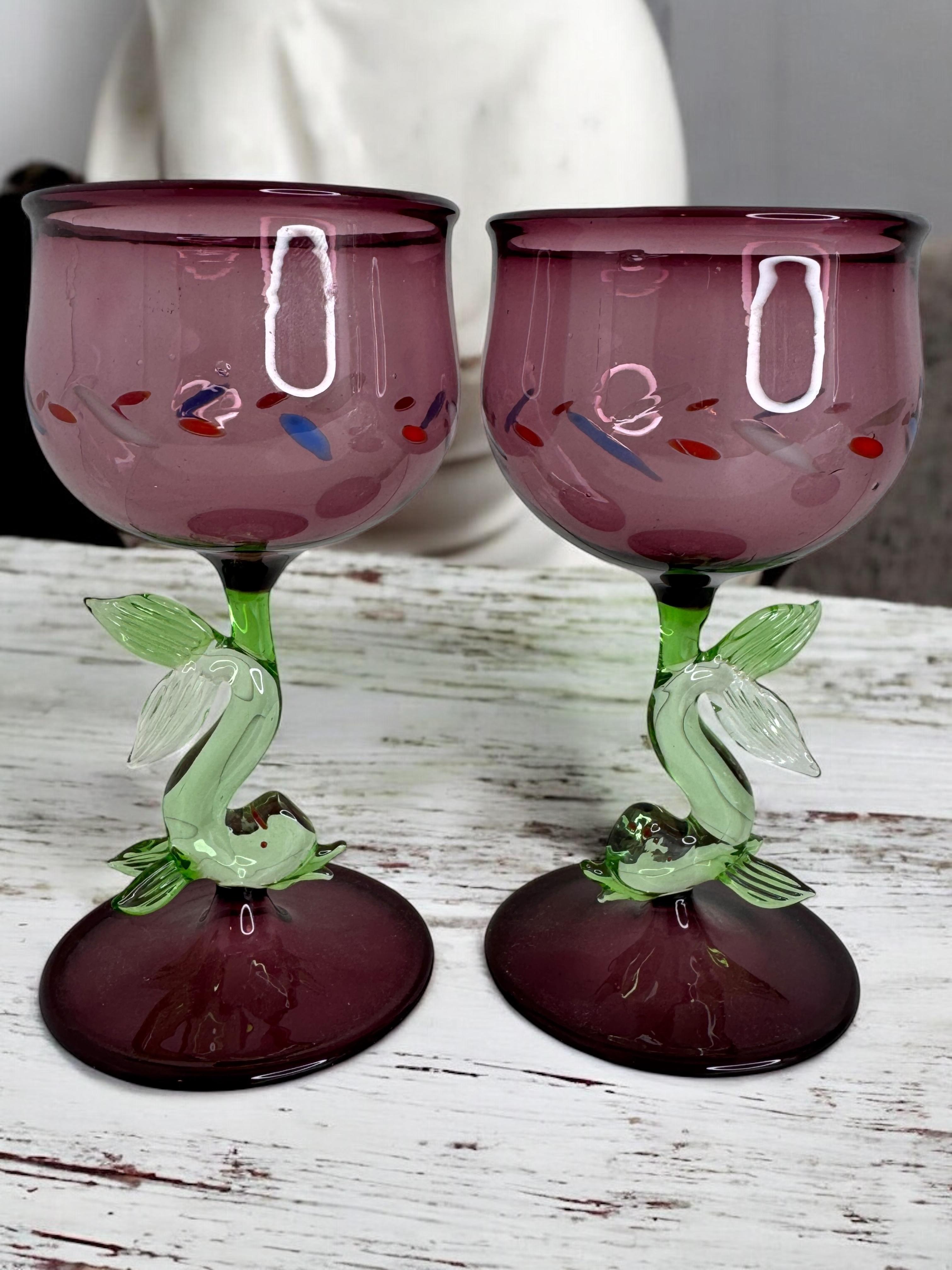 Set of two Stemware Wine Glass, Dolphin Fish Stem, Bimini Art Vintage Austria In Good Condition For Sale In Nuernberg, DE