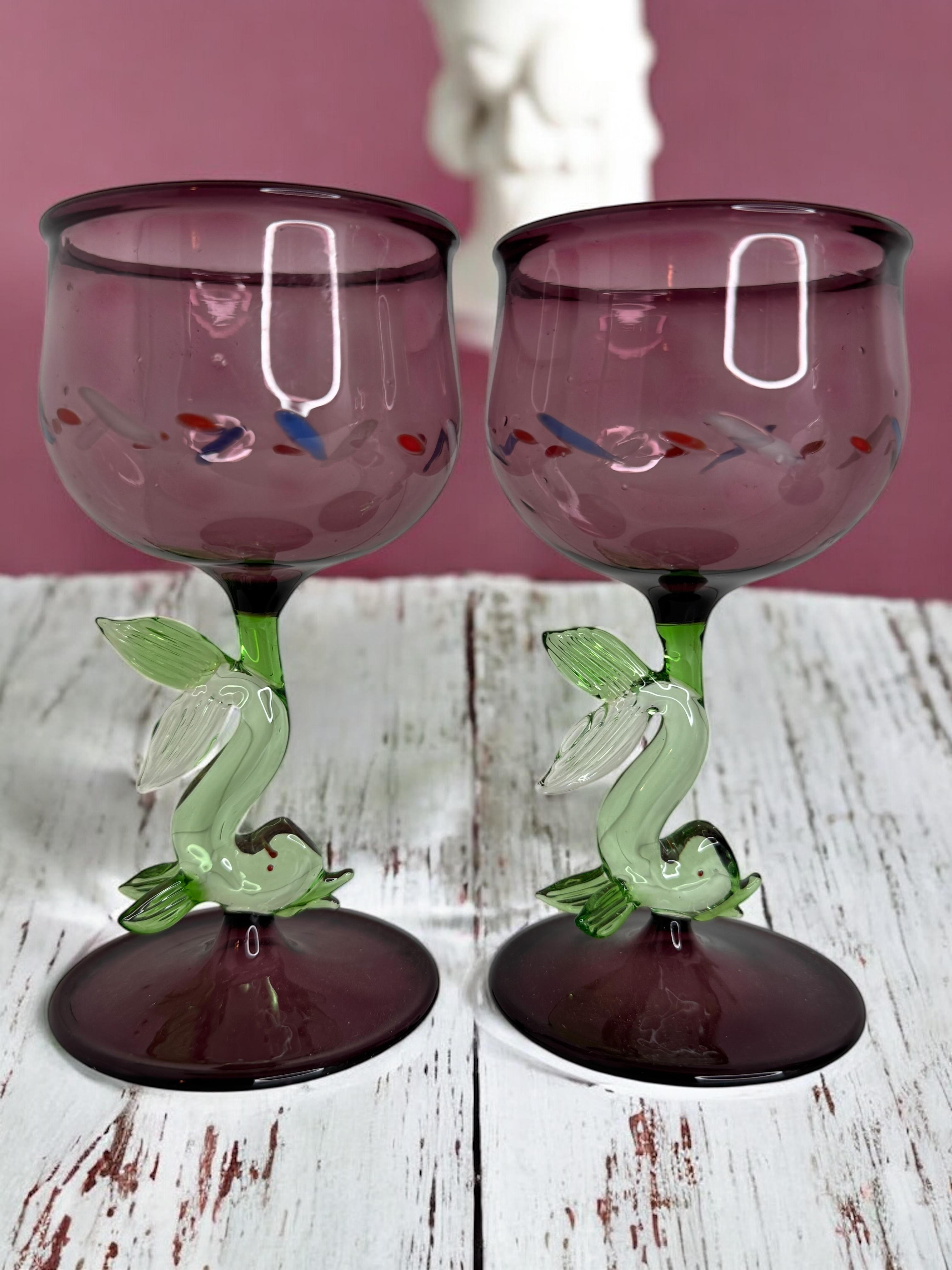 Early 20th Century Set of two Stemware Wine Glass, Dolphin Fish Stem, Bimini Art Vintage Austria For Sale
