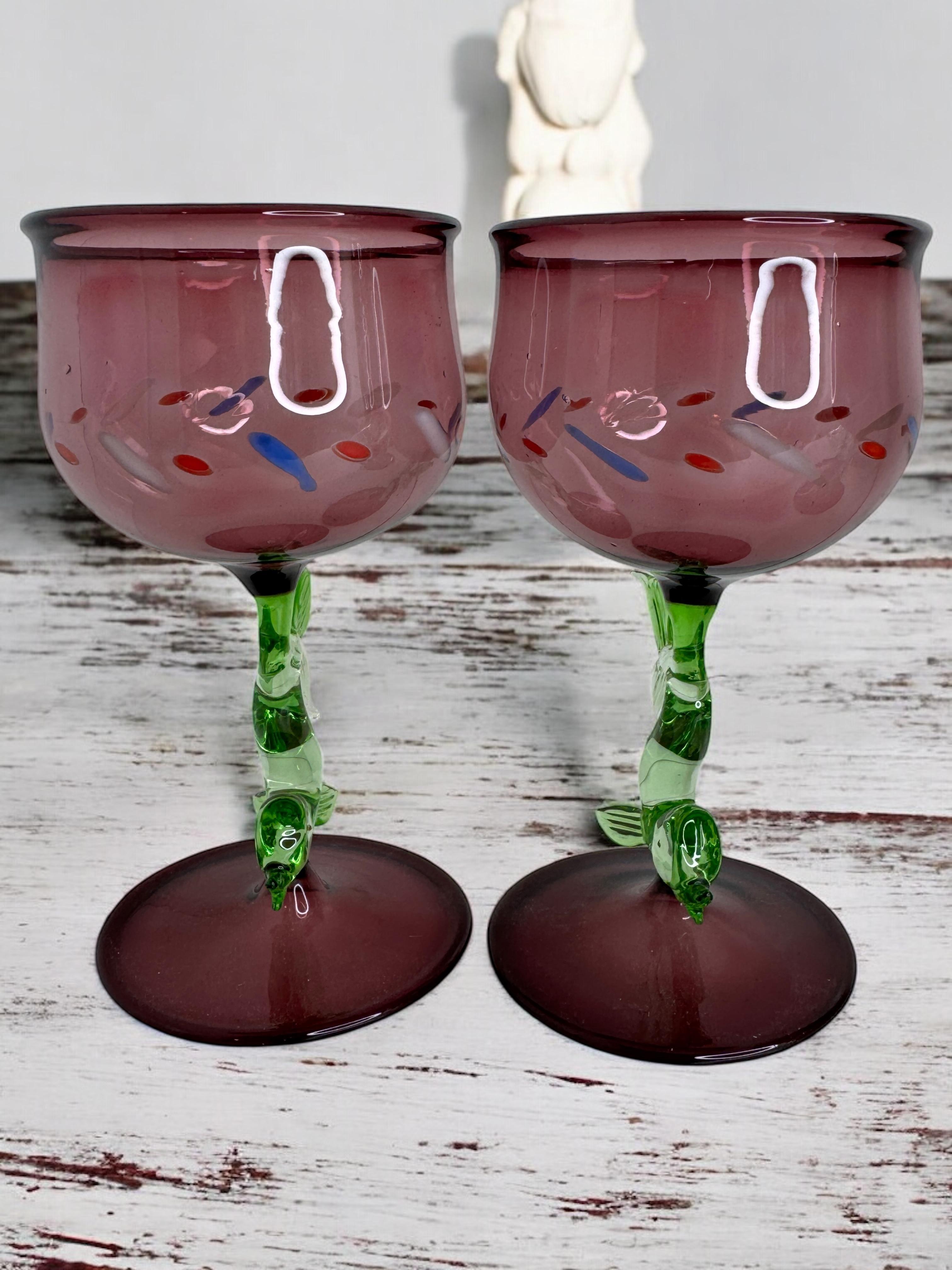 Blown Glass Set of two Stemware Wine Glass, Dolphin Fish Stem, Bimini Art Vintage Austria For Sale