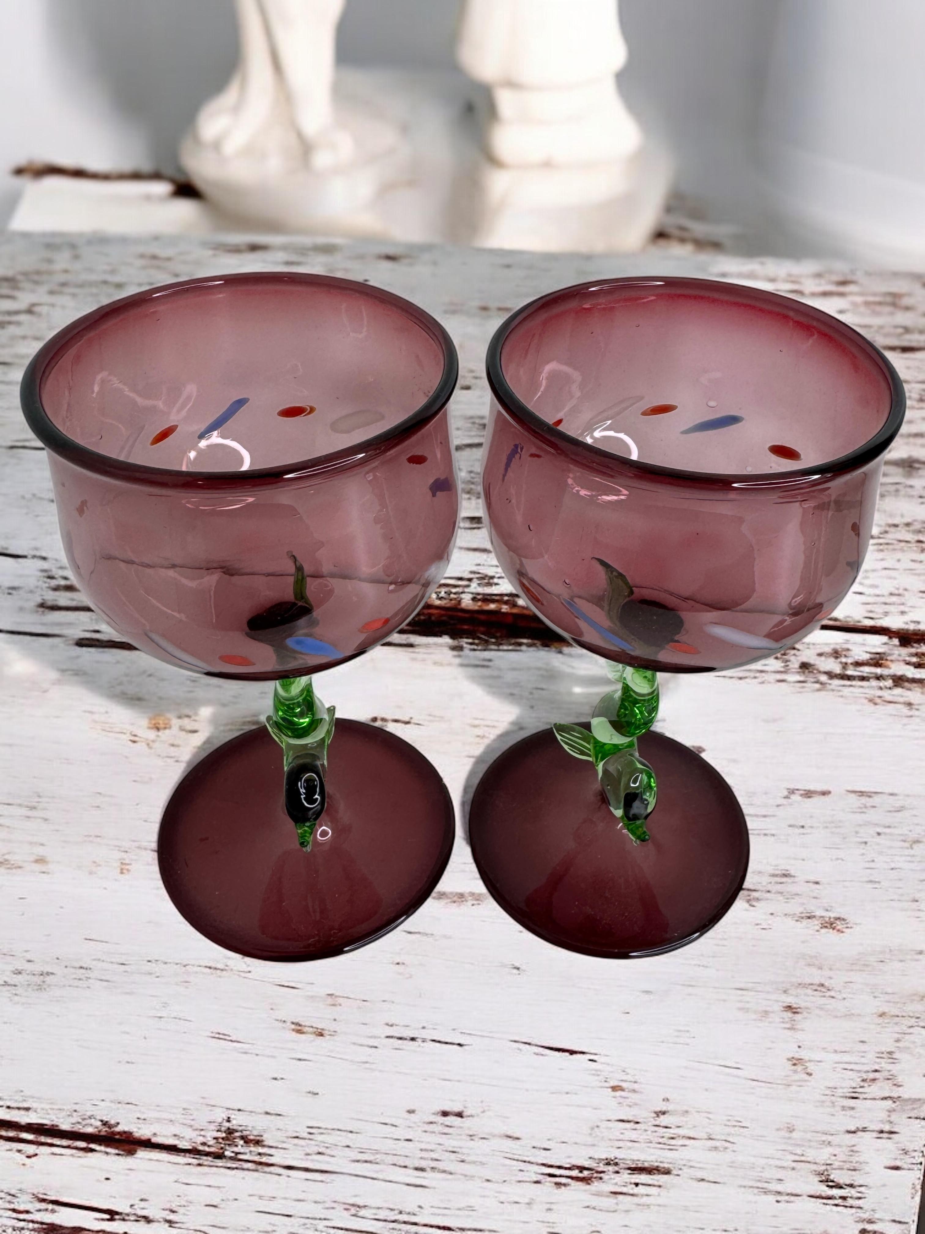 Set of two Stemware Wine Glass, Dolphin Fish Stem, Bimini Art Vintage Austria For Sale 1