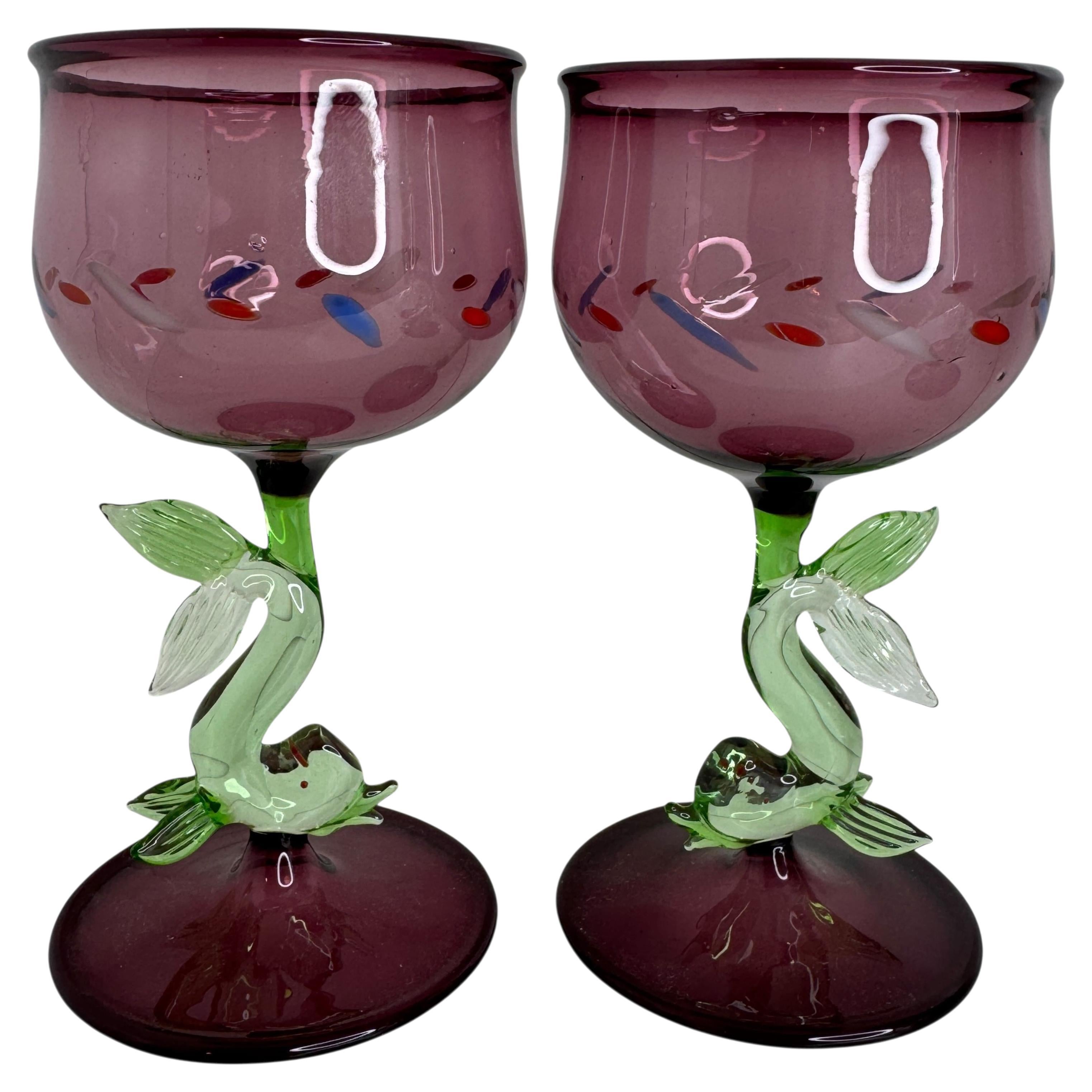Set of two Stemware Wine Glass, Dolphin Fish Stem, Bimini Art Vintage Austria For Sale