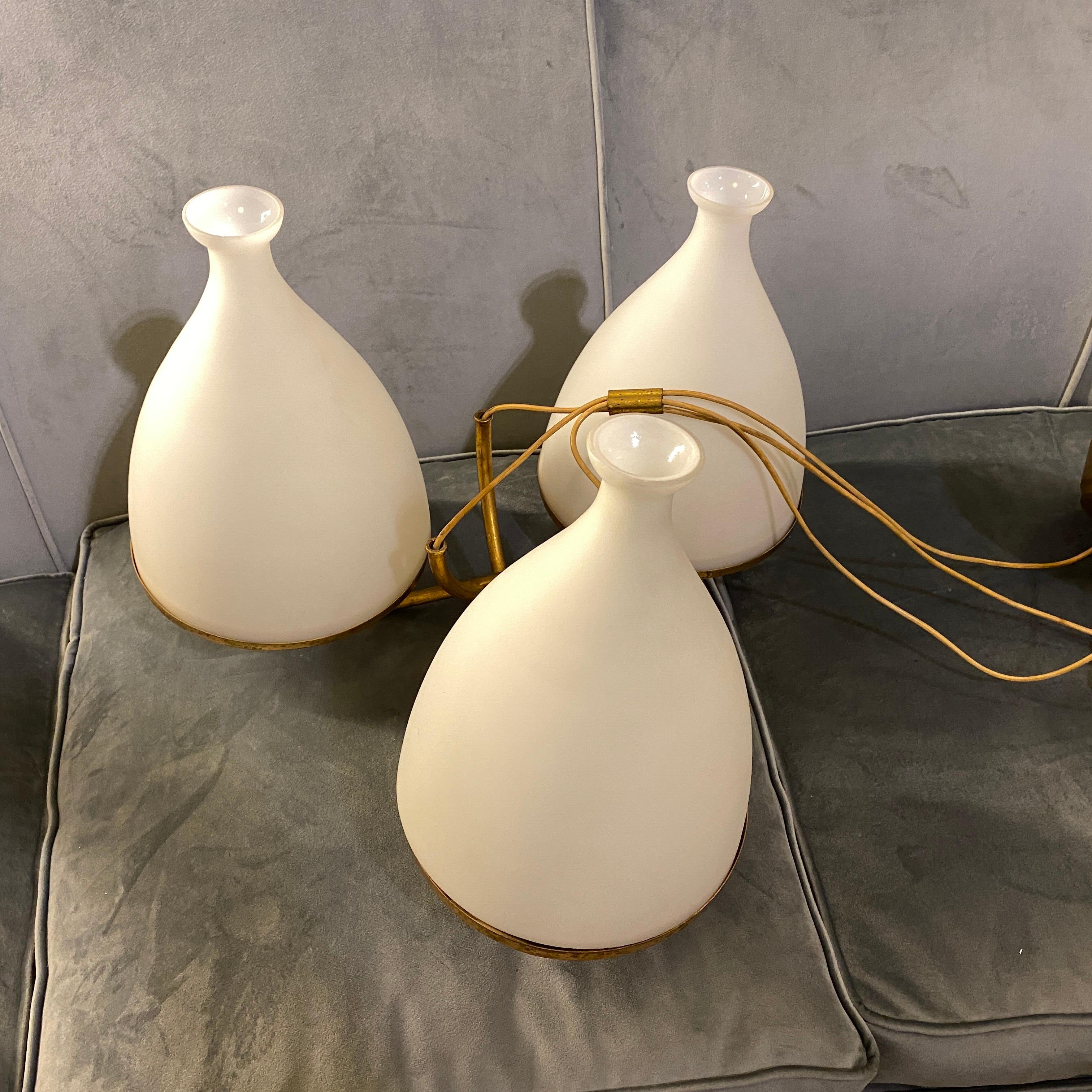 Set of Two Stilnovo Attributed Brass and White Glass Chandeliers, circa 1958 6