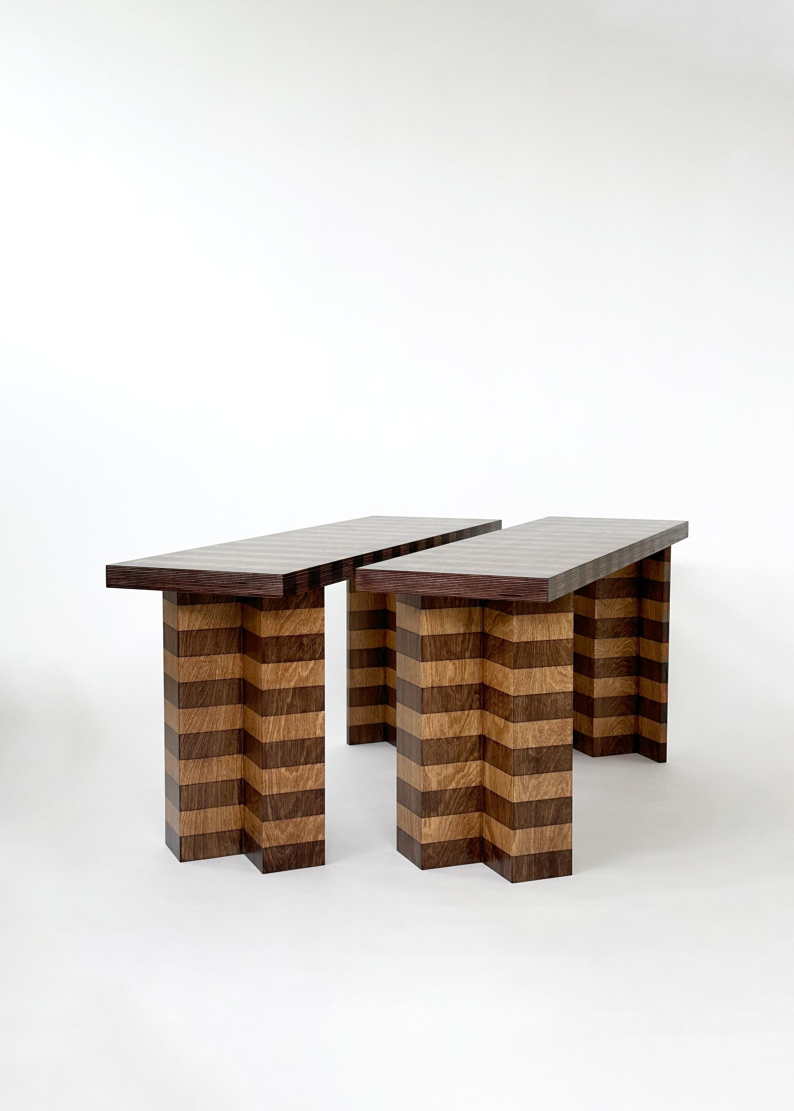 Contemporary Set Of Two Striped Oak Twin Benches by Goons For Sale