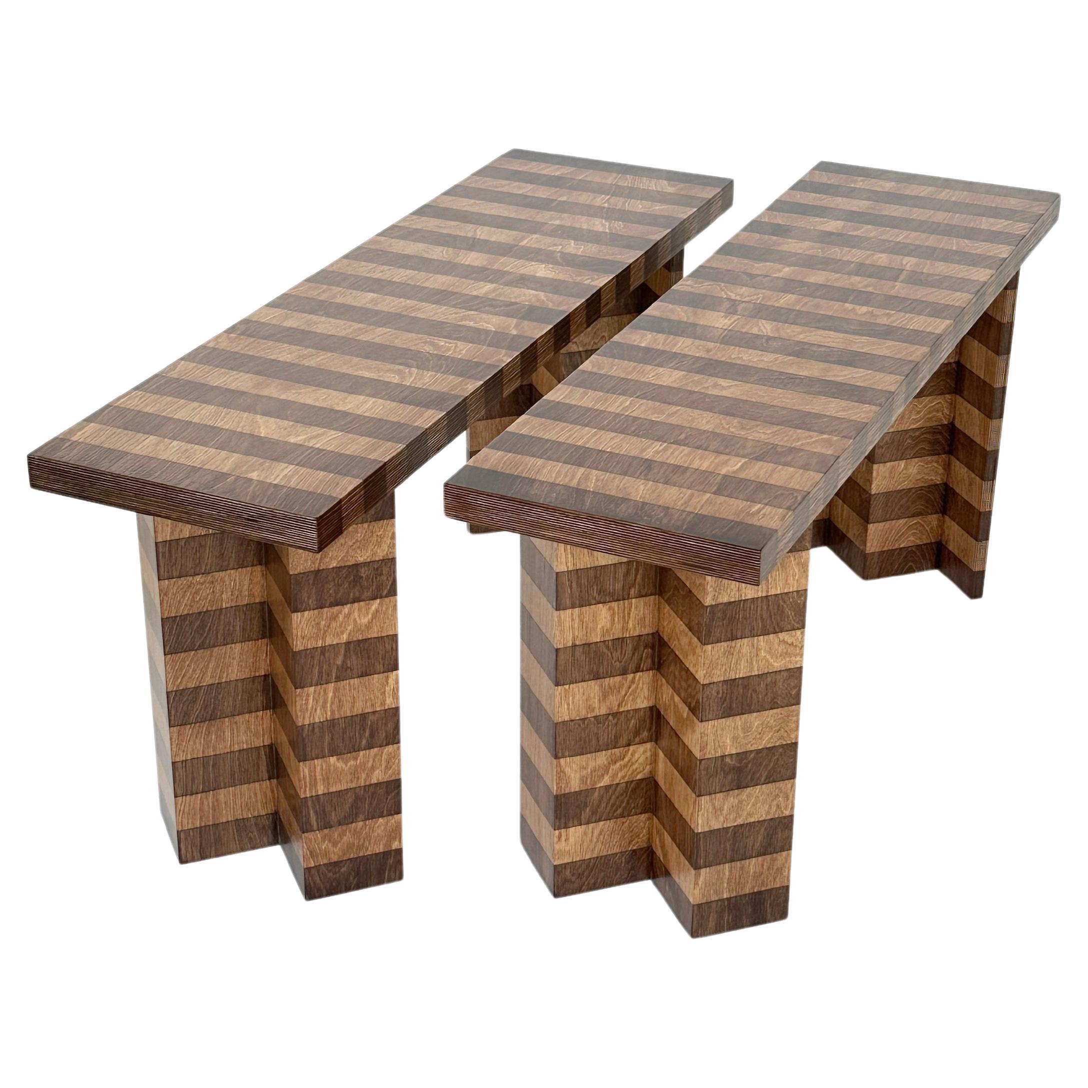 Set Of Two Striped Oak Twin Benches by Goons For Sale