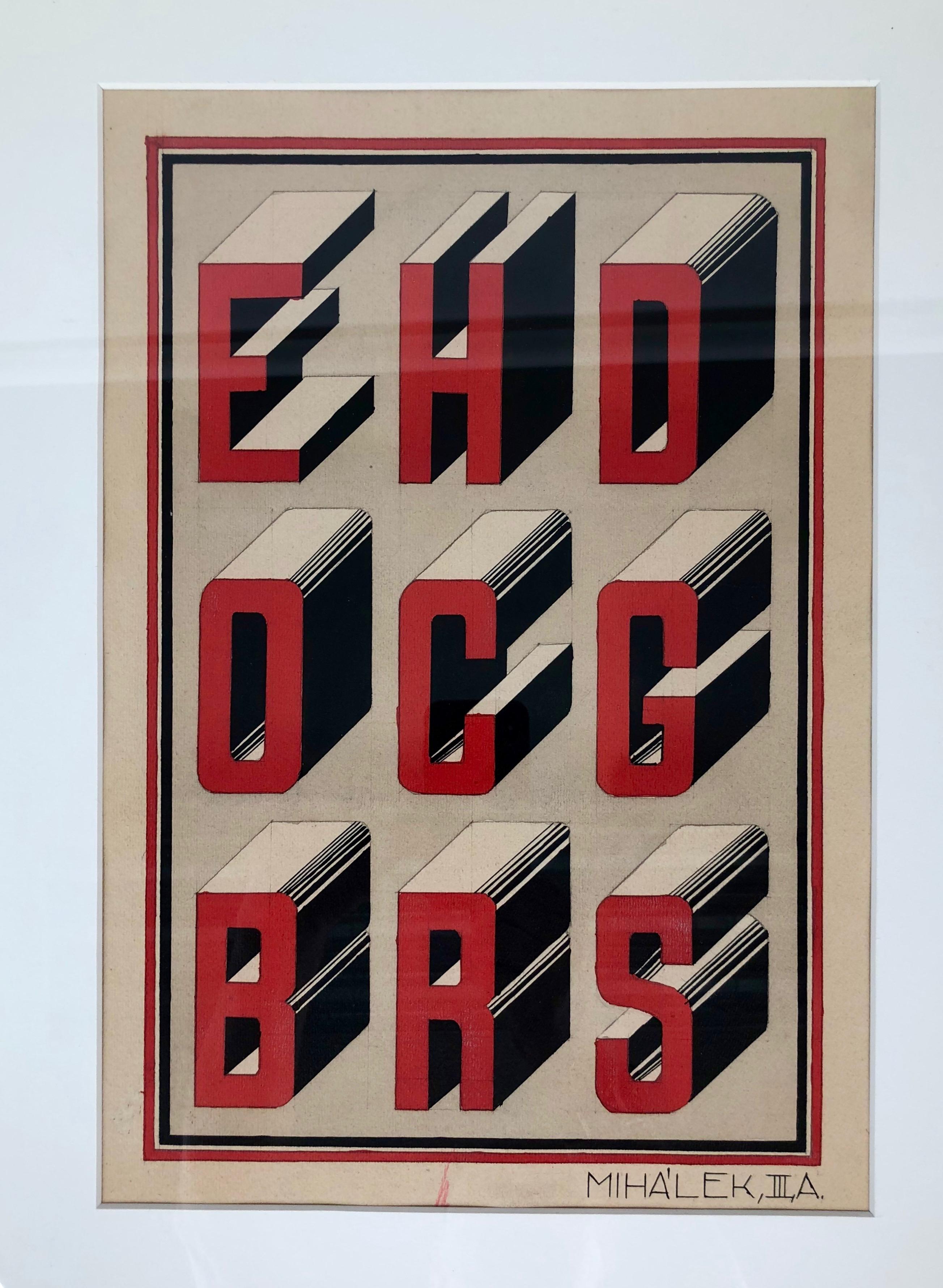 Two decorative studies in typography, painted in gouache on paper with influences from the Bauhaus.
The studies were made in the master class for graphic design in Pressburg.
Both pieces are signed: 