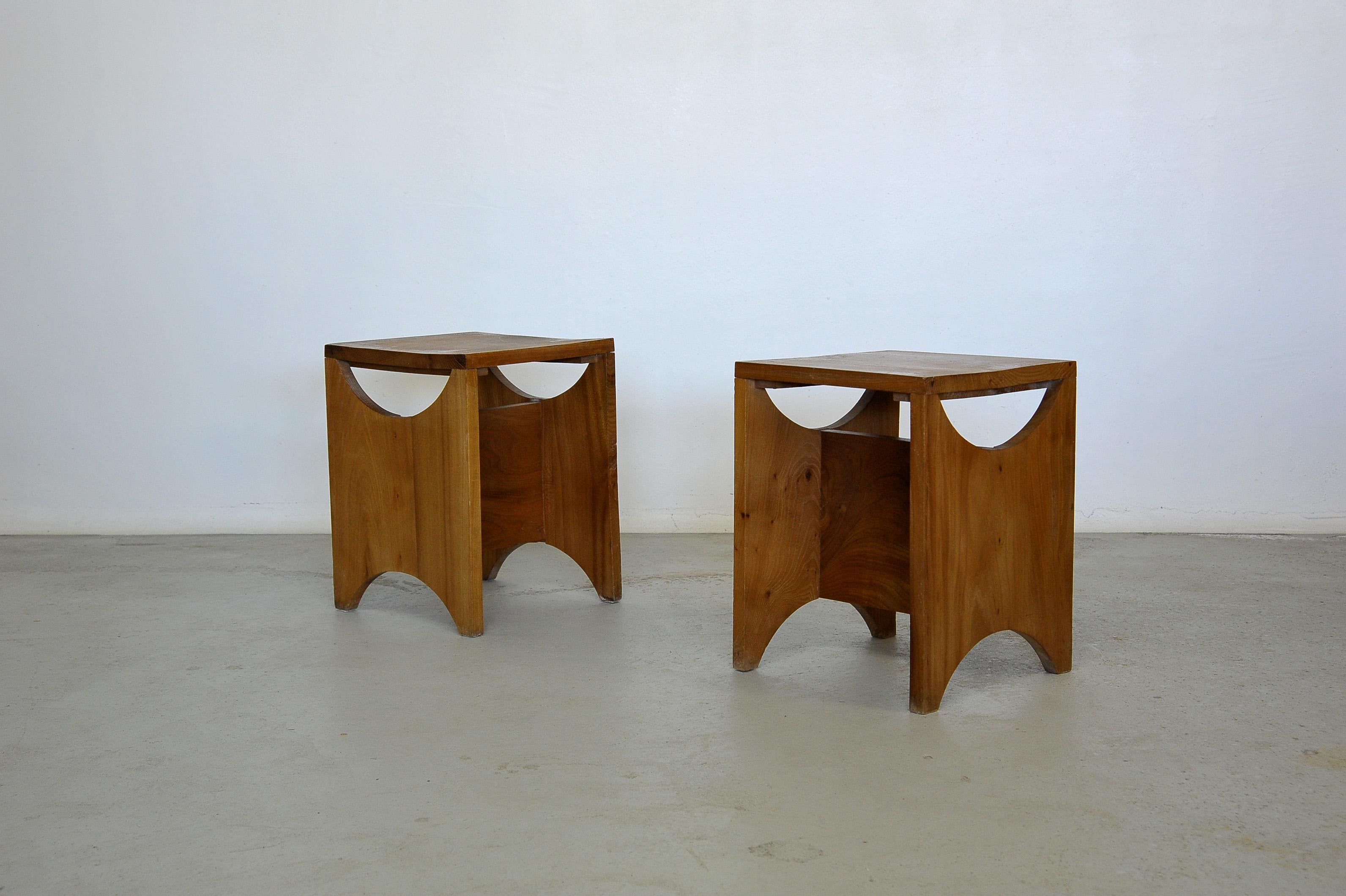 French Set of Two Studio Stool, Solid Elmwood, France, 1970s