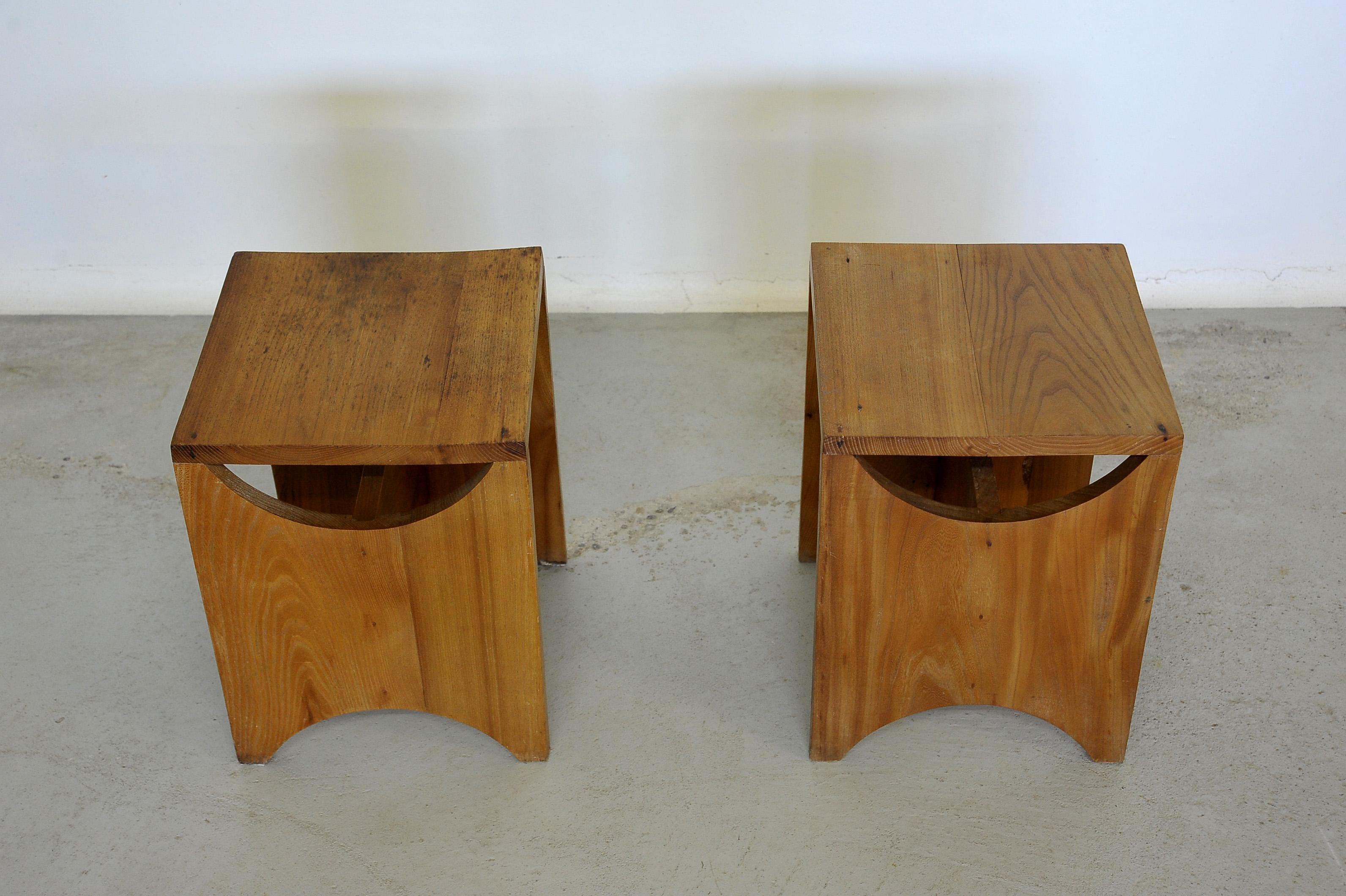 Late 20th Century Set of Two Studio Stool, Solid Elmwood, France, 1970s