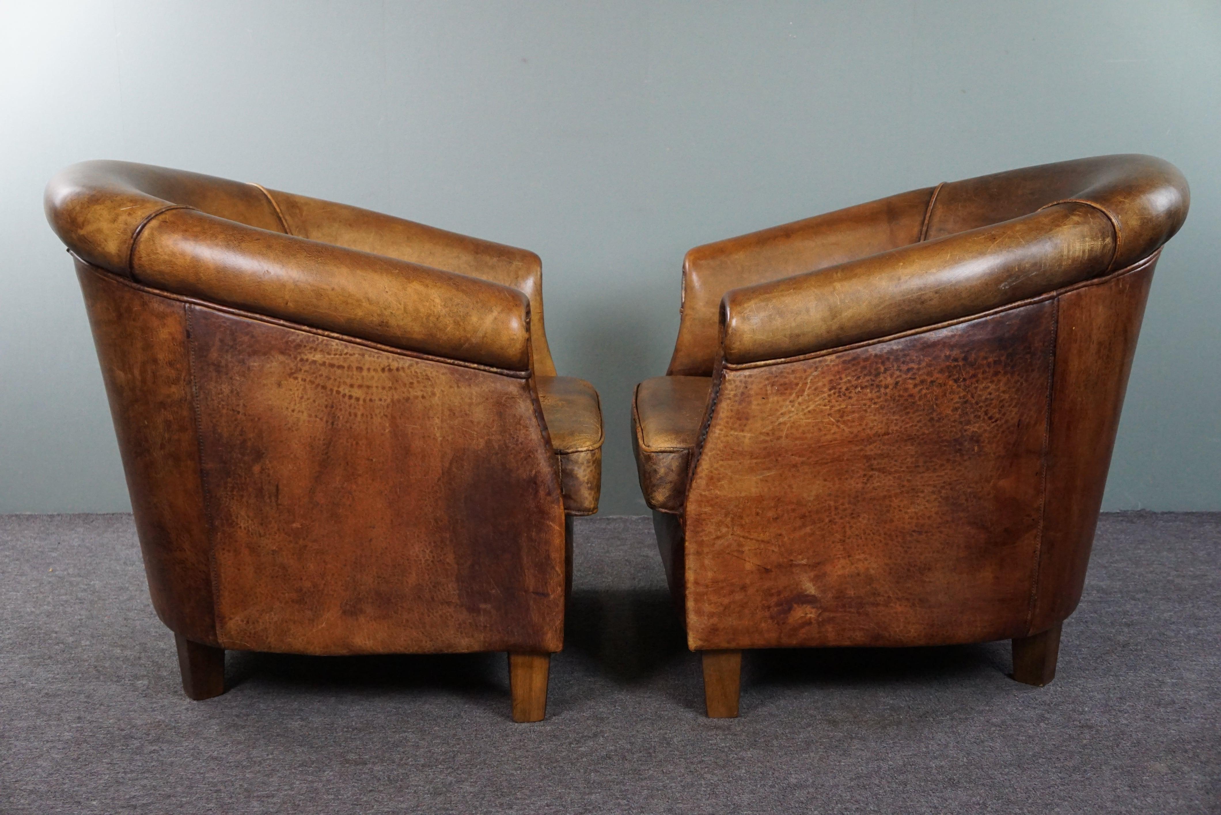 Dutch Set of two sturdy sheep leather club chairs, beautiful dark cognac color