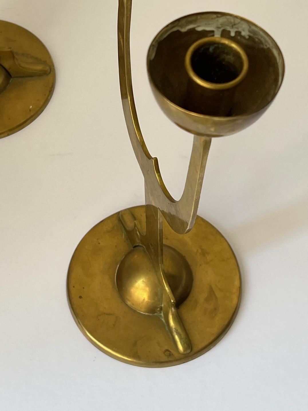 Art Nouveau Set of Two Swedish Brass Candleholders For Sale