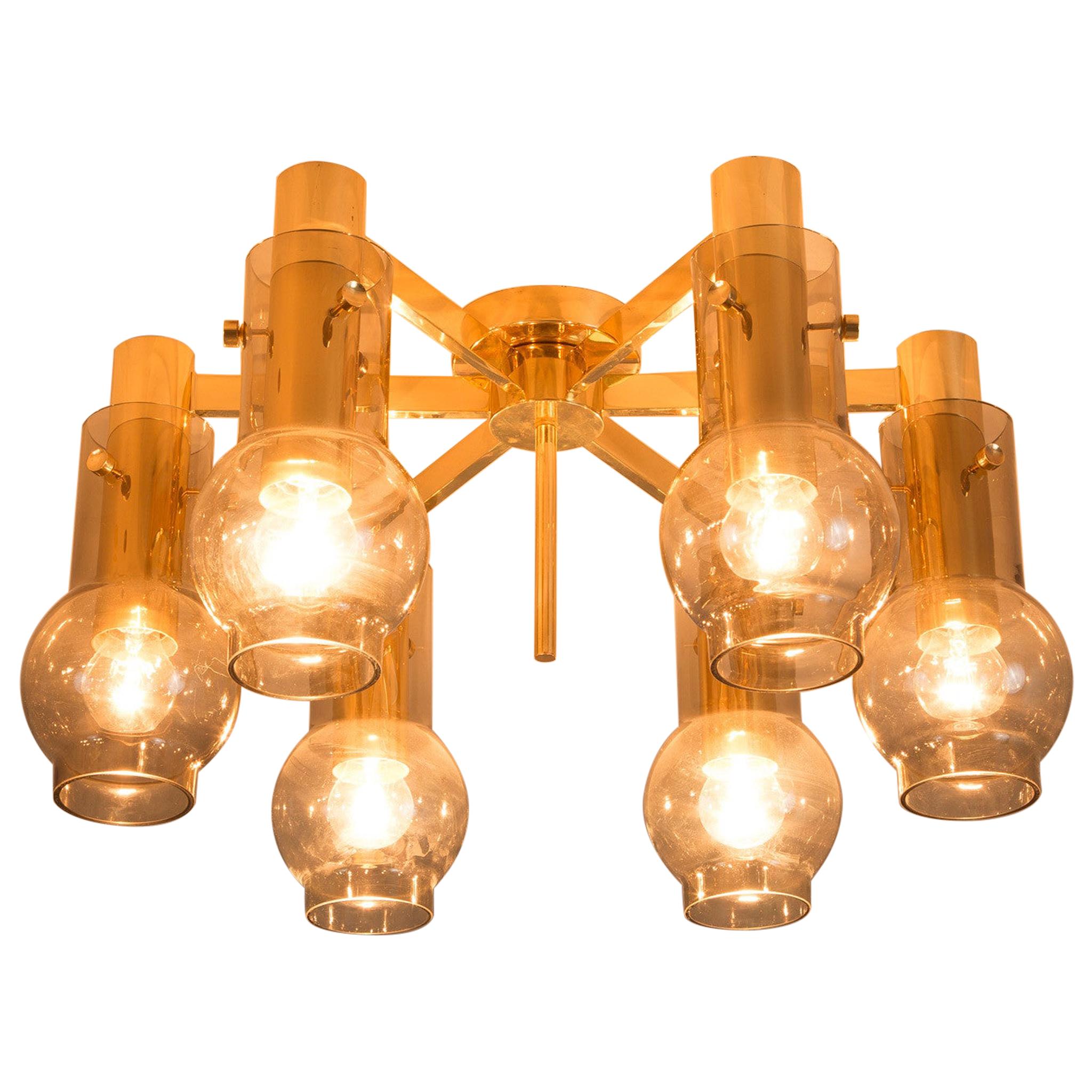 Swedish Brass Chandelier with Smoked Glass Shades