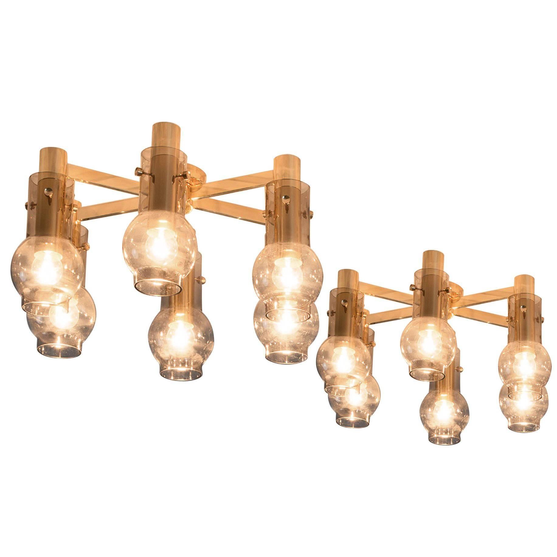Set of Two Swedish Brass Chandeliers with Smoked Glass Shades