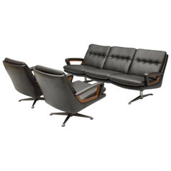 Vintage Set of Two Swivel Lounge Chairs and Sofa by Carl Straub in Black Leather, 1960s