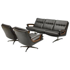 Set of Two Swivel Lounge Chairs and Sofa by Carl Straub in Black Leather, 1960s