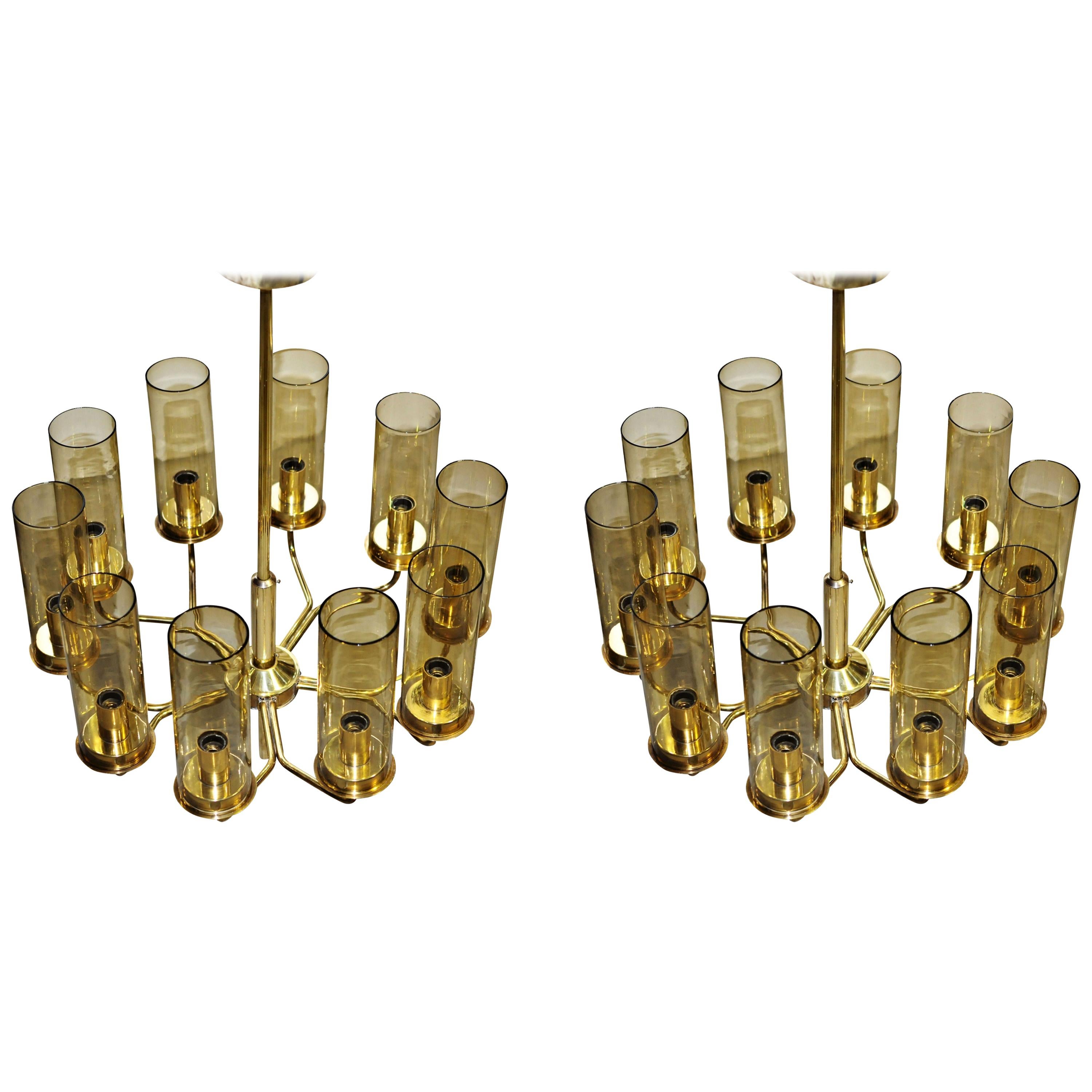 Set of Two T10 Hans-Agne Jakobsson Chandeliers in Brass by AB Markaryd For Sale