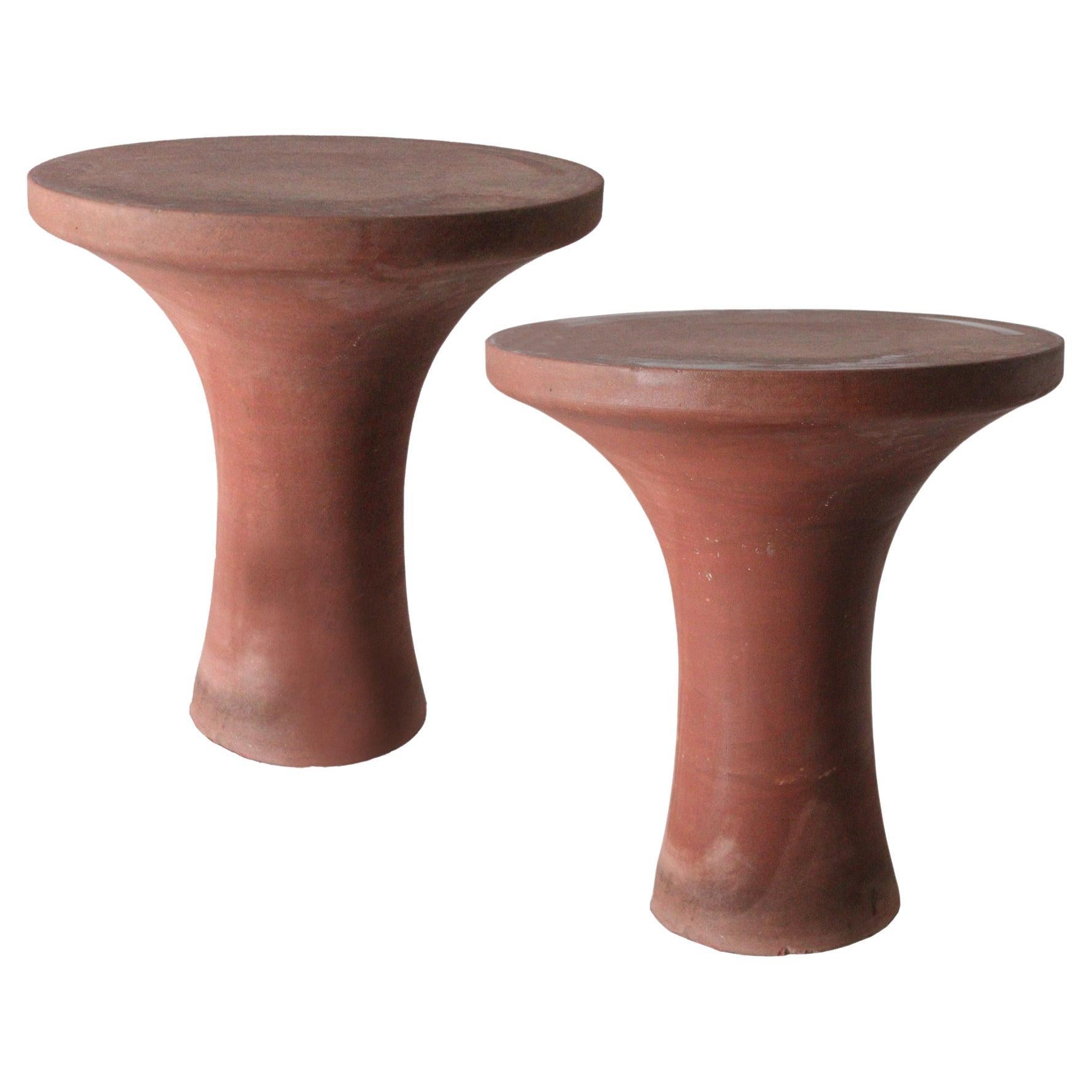 Set of Two Tabla Tables in Agra Red Stone Handcrafted in India by Paul Mathieu For Sale