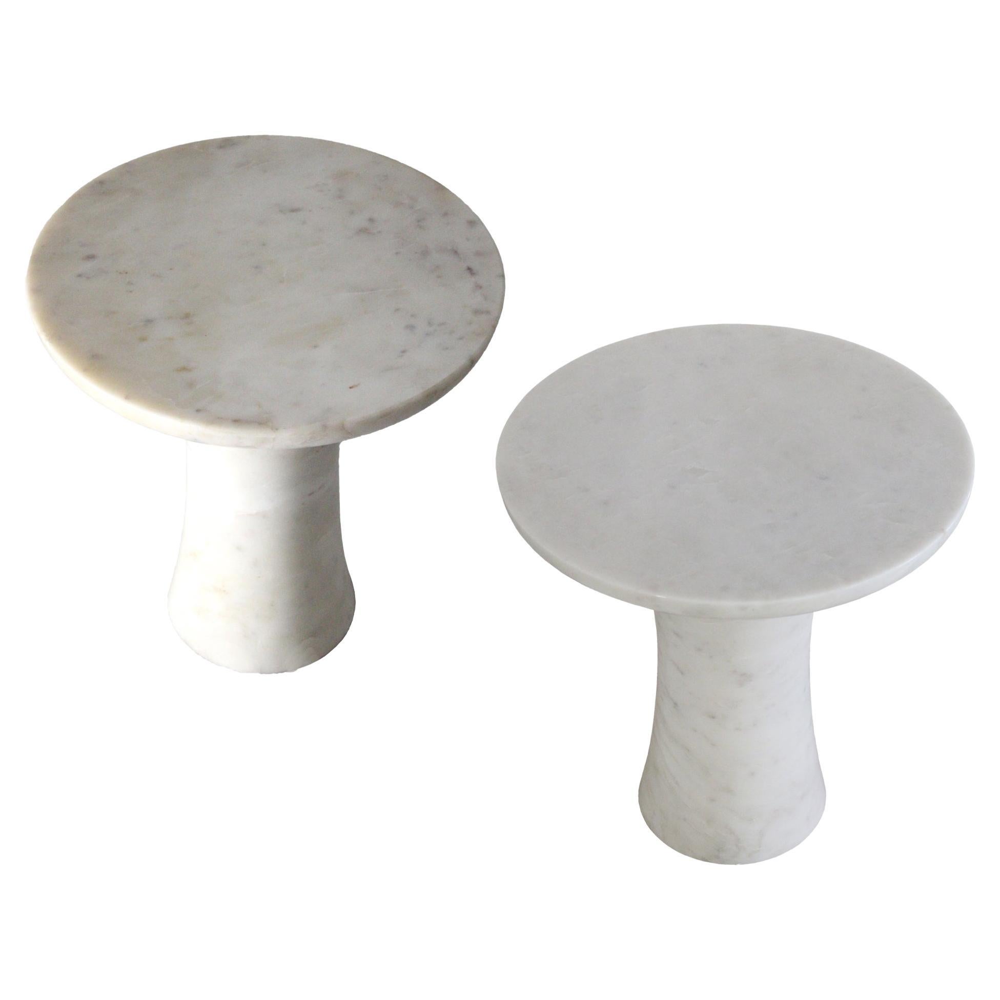Set of Two Tabla Tables in White Marble Handcrafted in India by Paul Mathieu