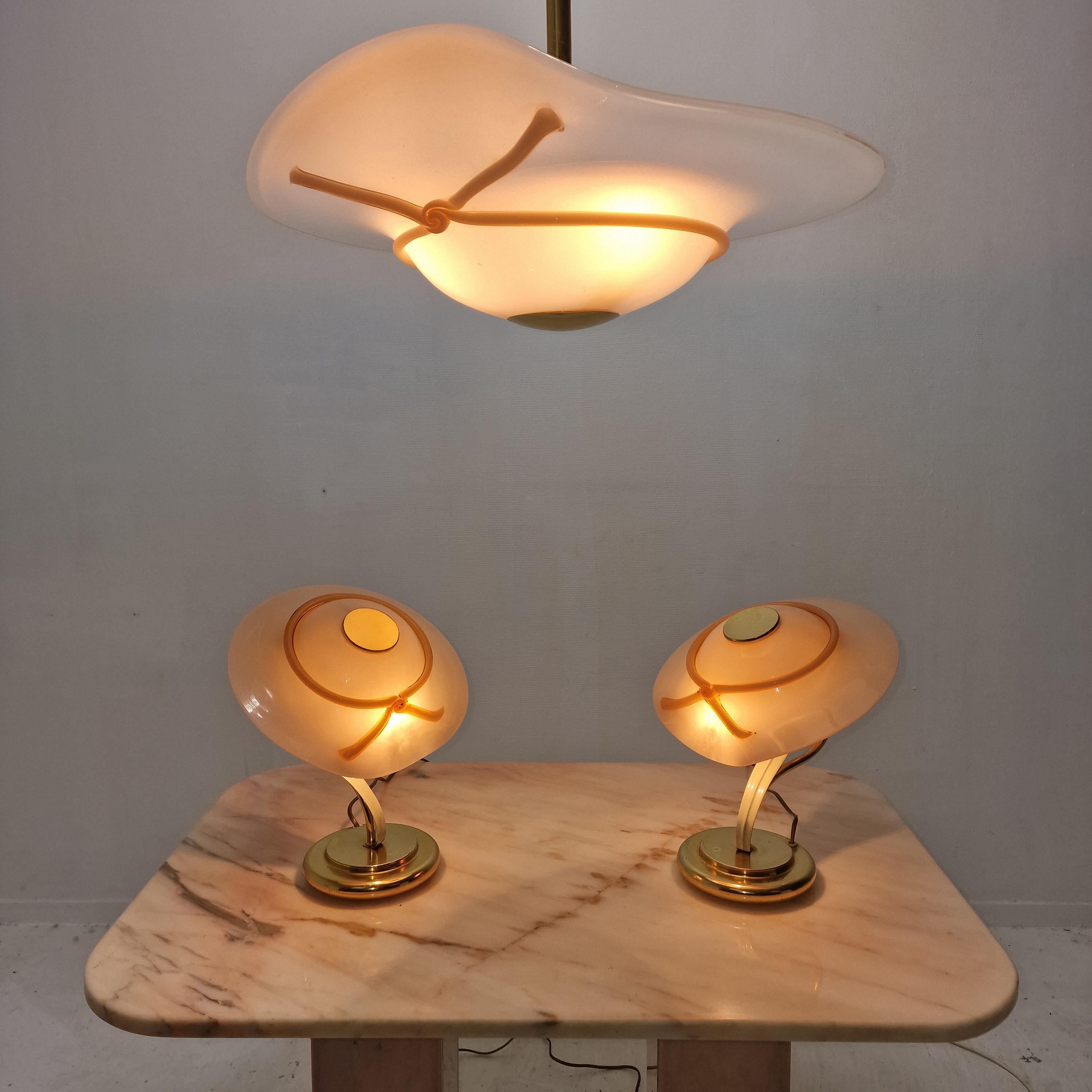 Mid-Century Modern Set of Two Table Lamps and One Pendant with Murano Glass, Italy 1970's For Sale