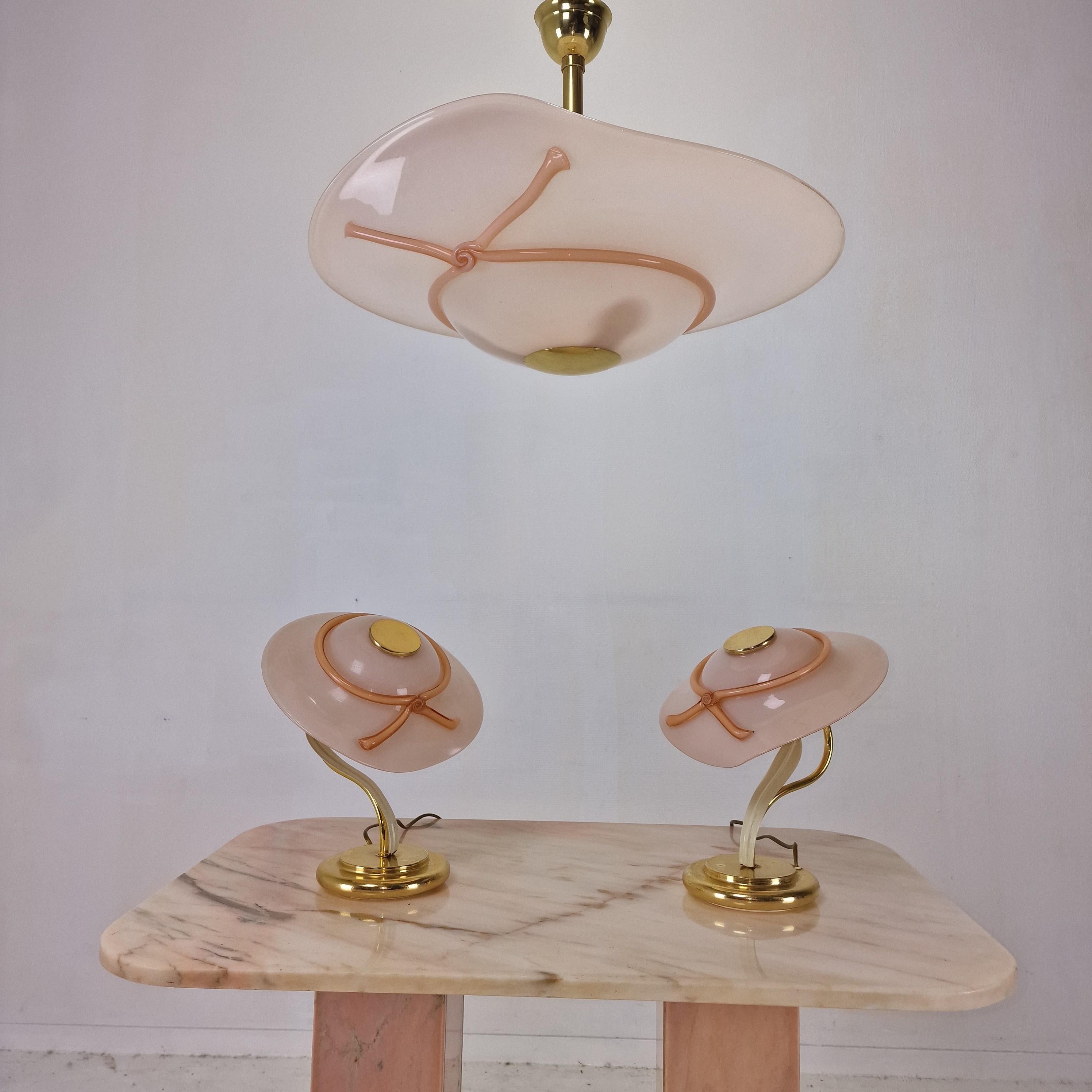 Hand-Crafted Set of Two Table Lamps and One Pendant with Murano Glass, Italy 1970's For Sale