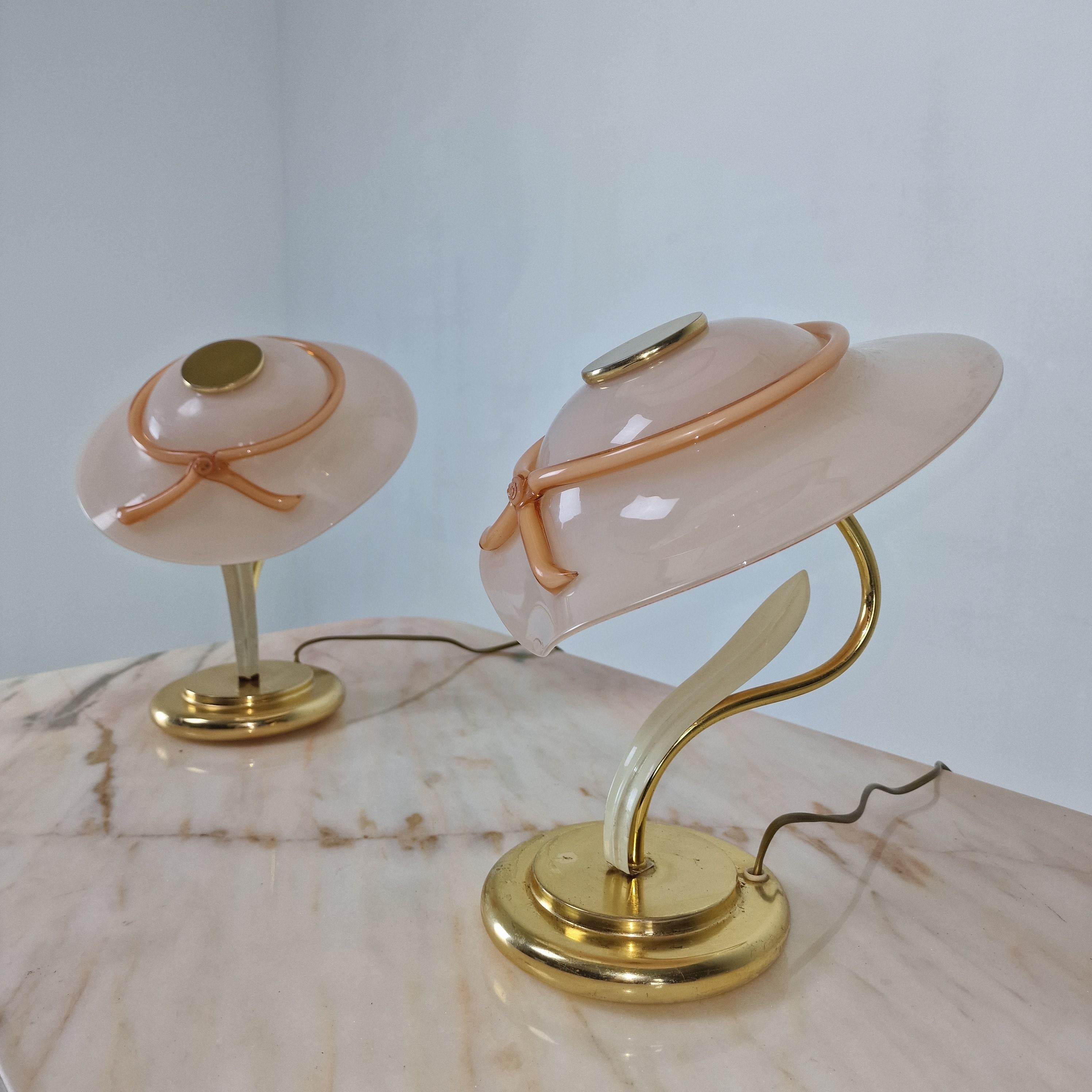 Set of Two Table Lamps and One Pendant with Murano Glass, Italy 1970's In Good Condition For Sale In Oud Beijerland, NL