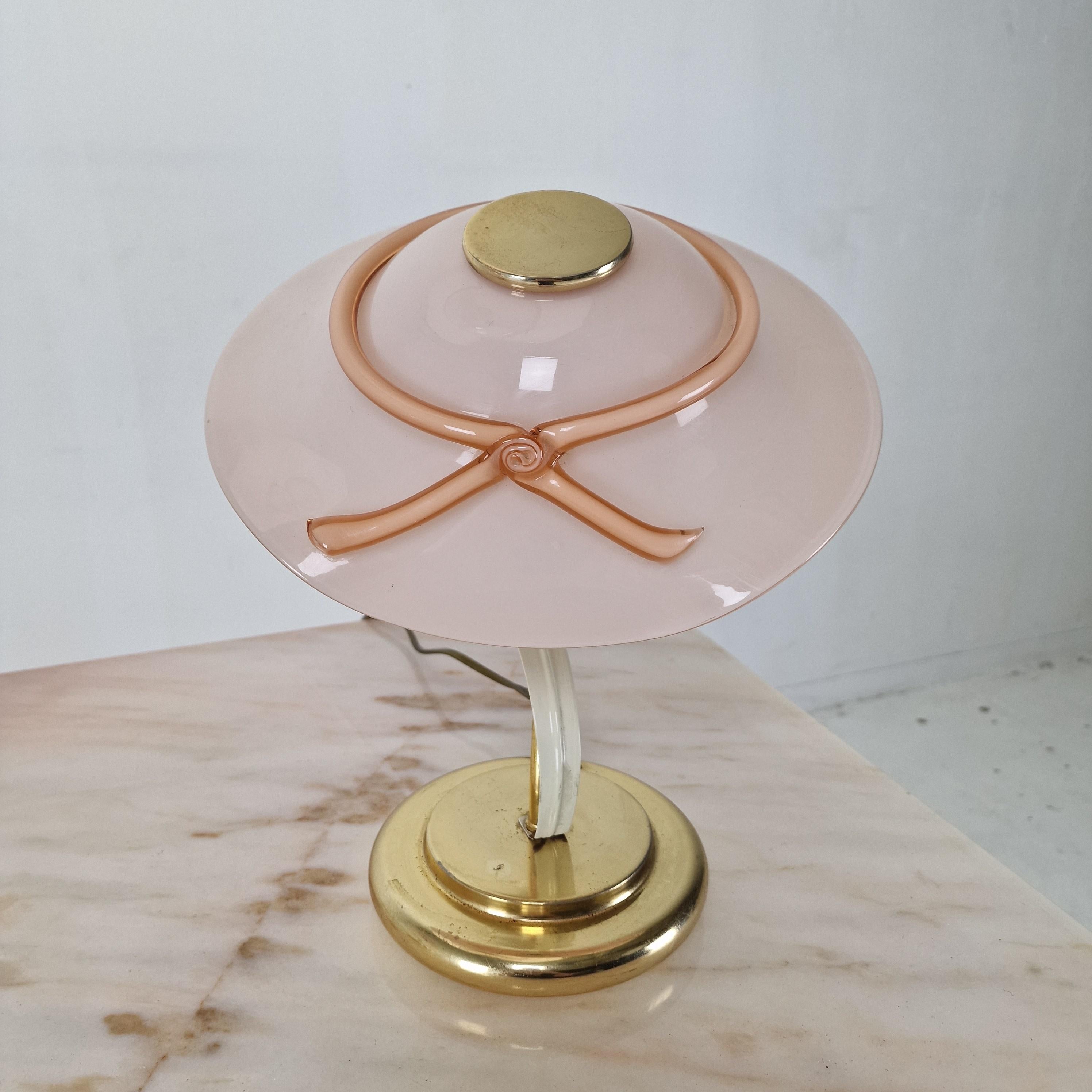 Metal Set of Two Table Lamps and One Pendant with Murano Glass, Italy 1970's For Sale