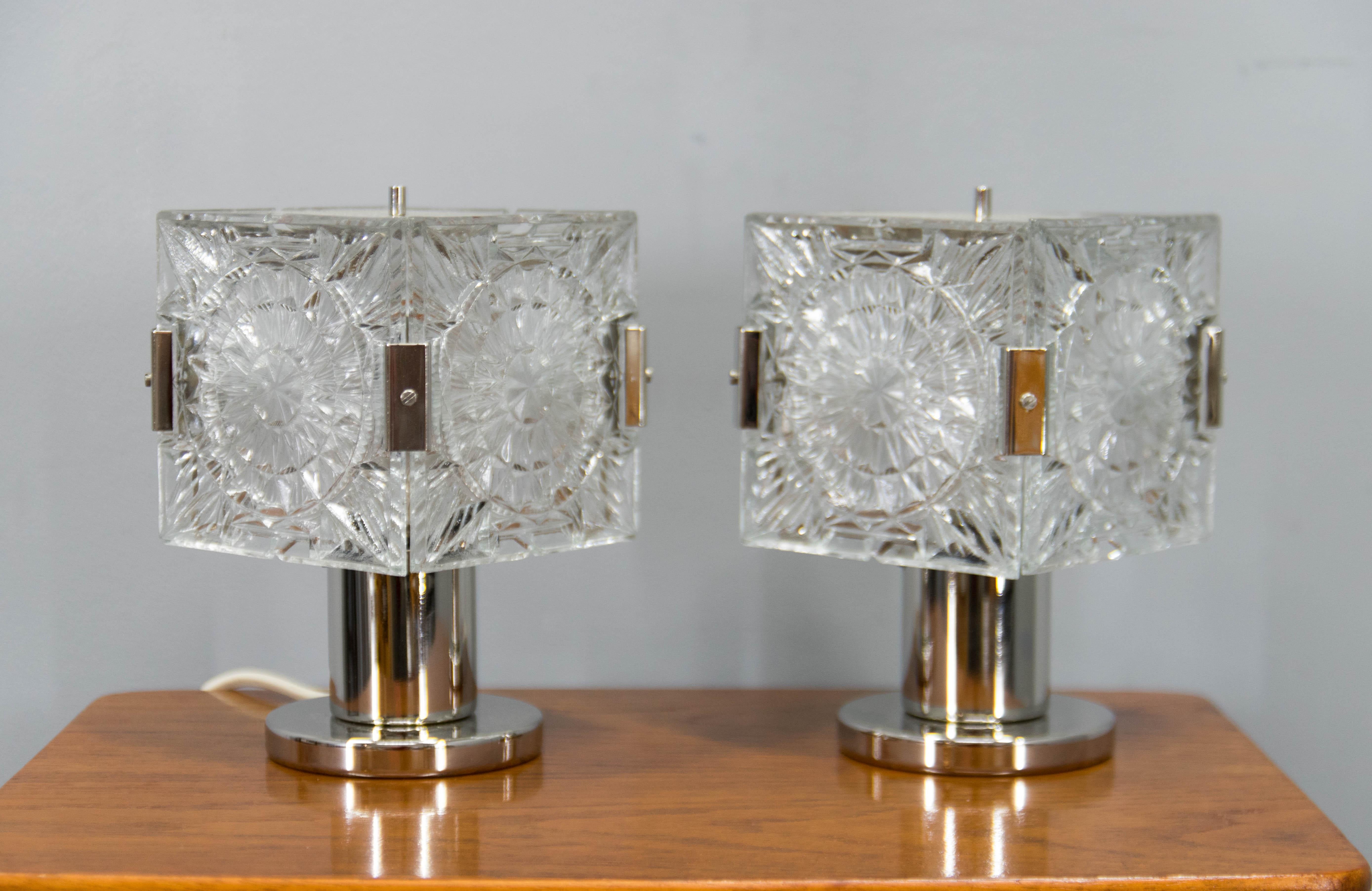 Glass Set of Two Table or Bedside Lamps by Kamenicky Senov, 1970s For Sale