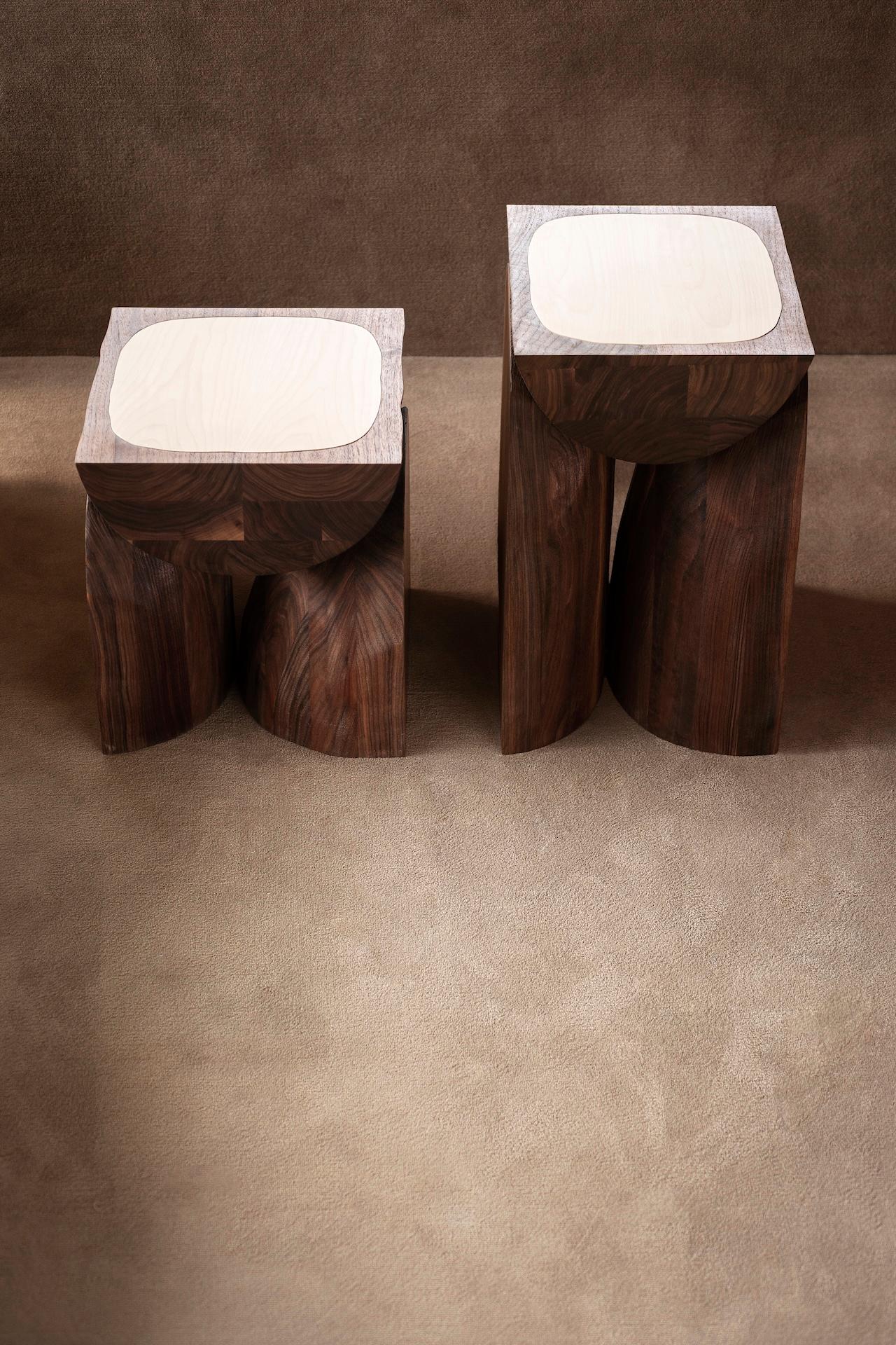Bread side tables were designed by baking, slicing and stacking a loaf of Sourdough bread. From this rustic beginning, two sculptural side tables have emerged. Bread side table’s soft and naturalistic forms are carved from Ash. The warmth and