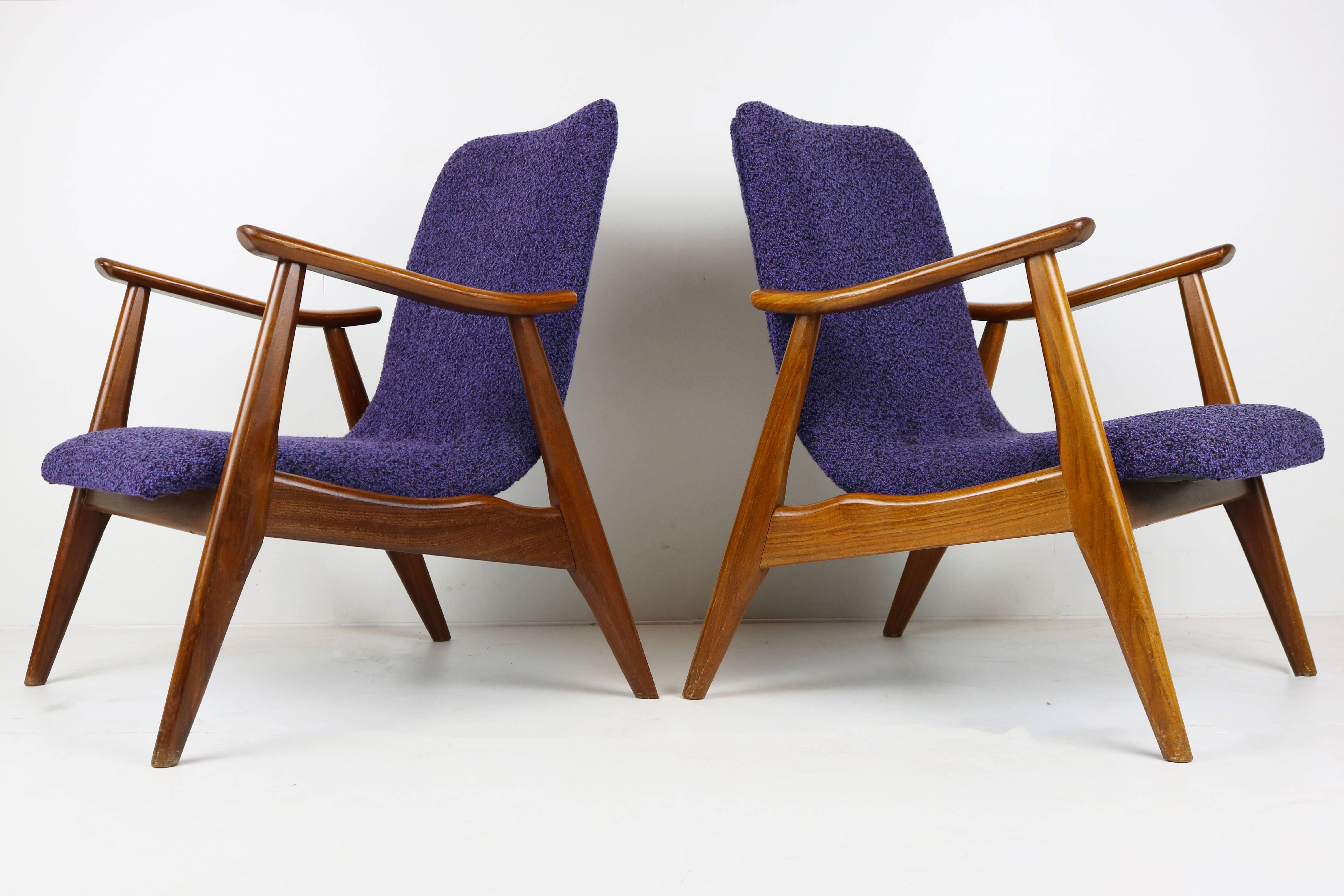 Dutch Set of Two Teak Lounge Chairs by Louis Van Teeffelen for Webe 1960 Brown Purple