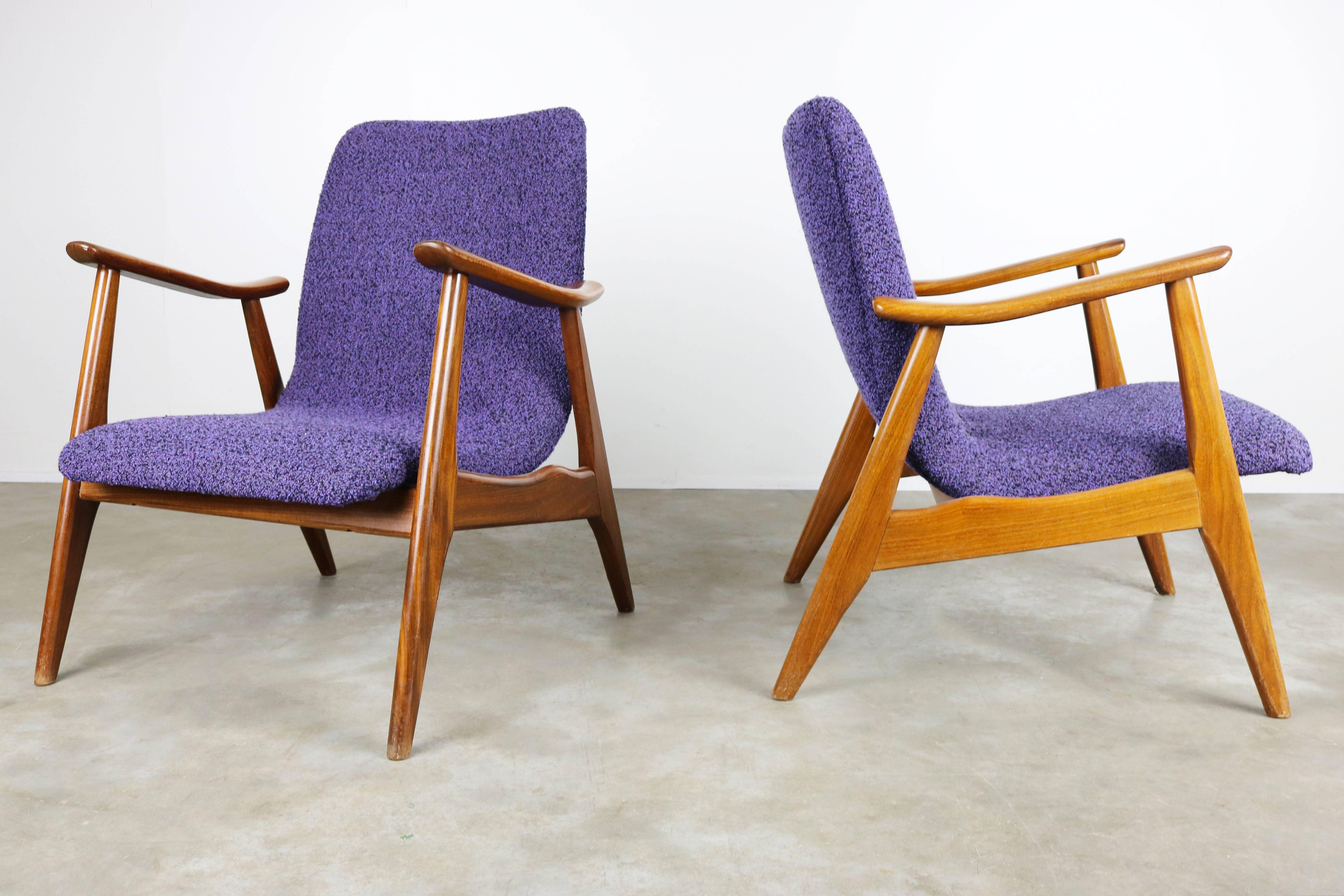 Mid-20th Century Set of Two Teak Lounge Chairs by Louis Van Teeffelen for Webe 1960 Brown Purple