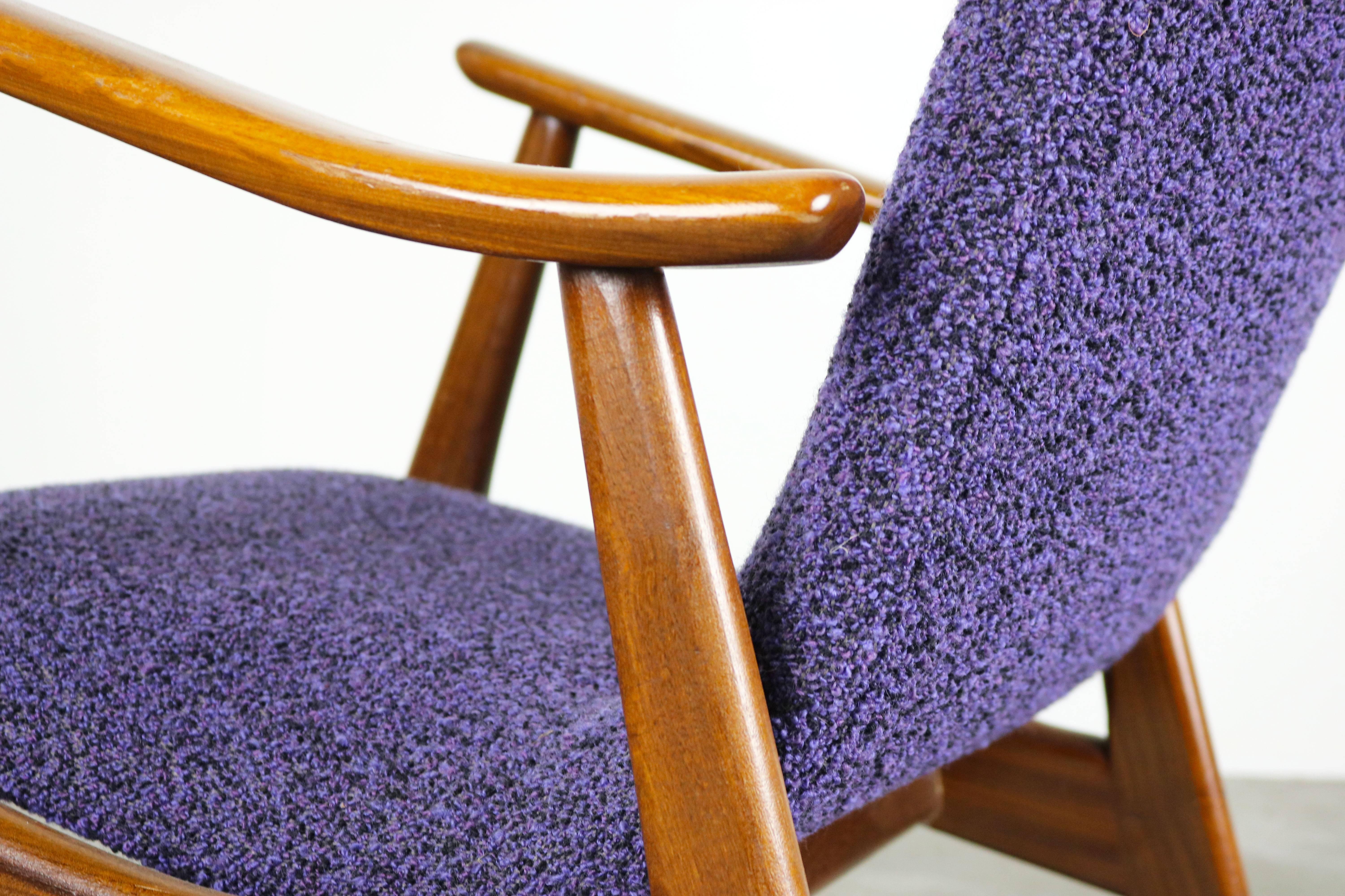 Fabric Set of Two Teak Lounge Chairs by Louis Van Teeffelen for Webe 1960 Brown Purple