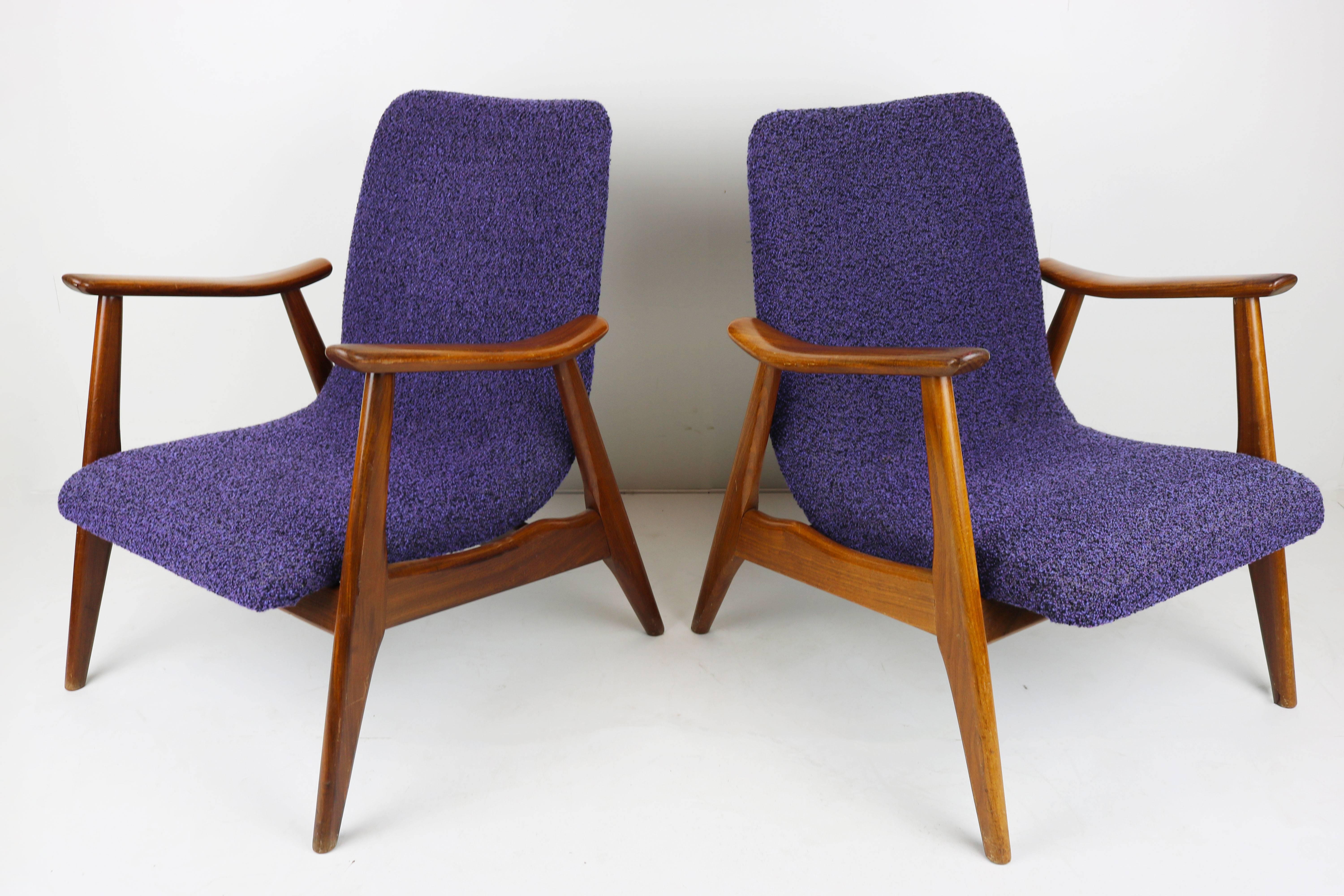 Set of Two Teak Lounge Chairs by Louis Van Teeffelen for Webe 1960 Brown Purple 1