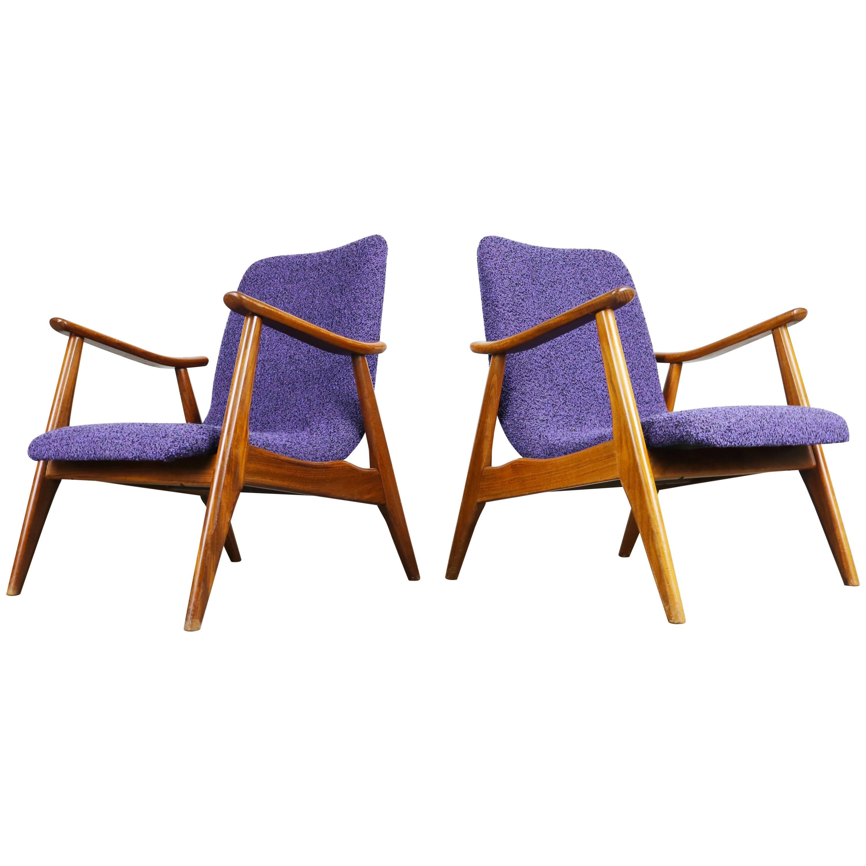 Set of Two Teak Lounge Chairs by Louis Van Teeffelen for Webe 1960 Brown Purple