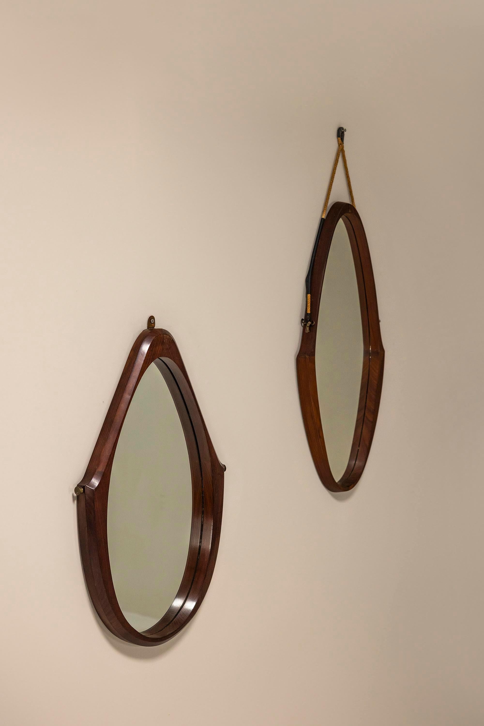 Mid-Century Modern Set of Two Teak Oval-shaped Mirrors, Italy 1970s
